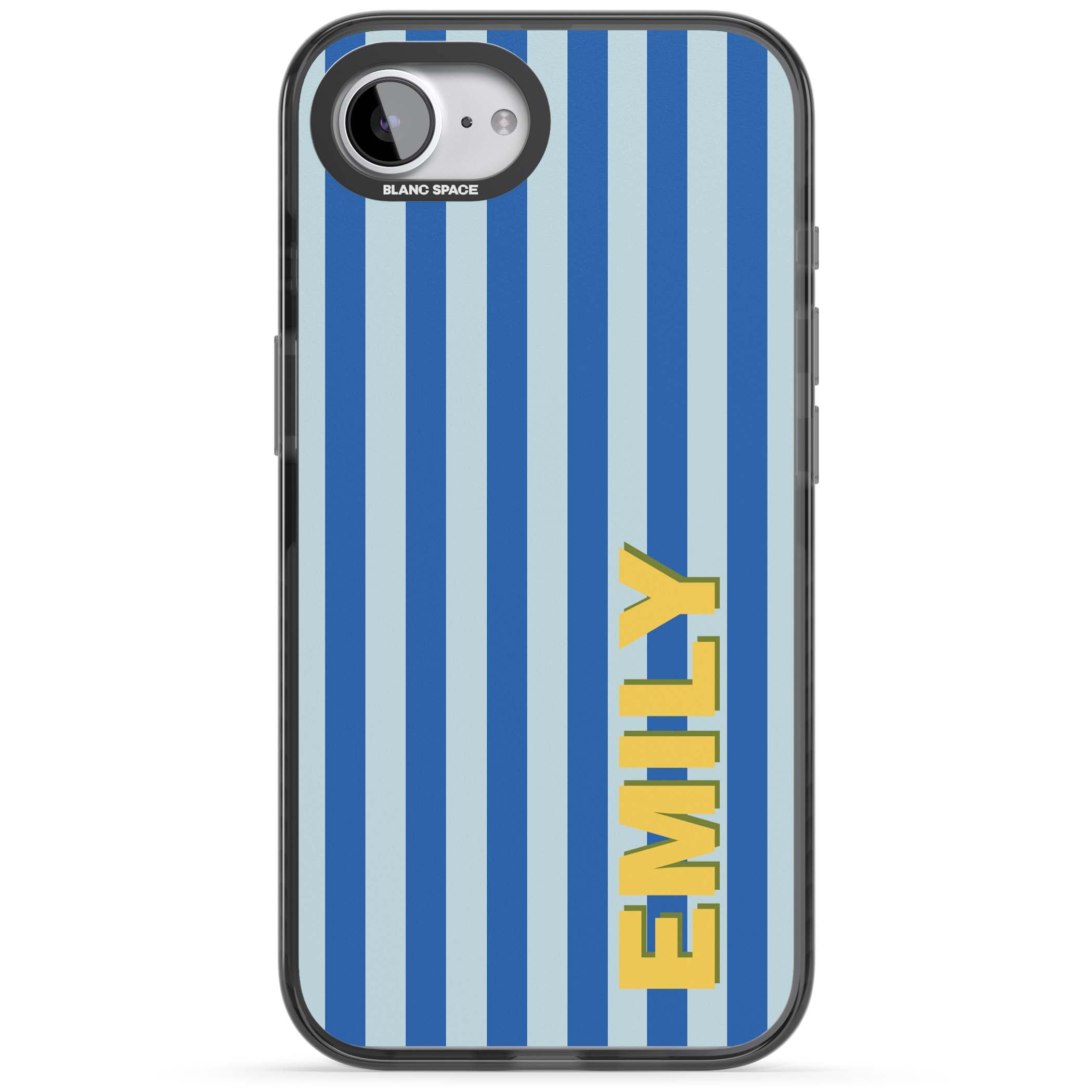 Athenian Stripe personalised preppy iPhone case featuring blue vertical stripes and a custom yellow name | Black Impact case for iPhone 16e, iPhone 17e