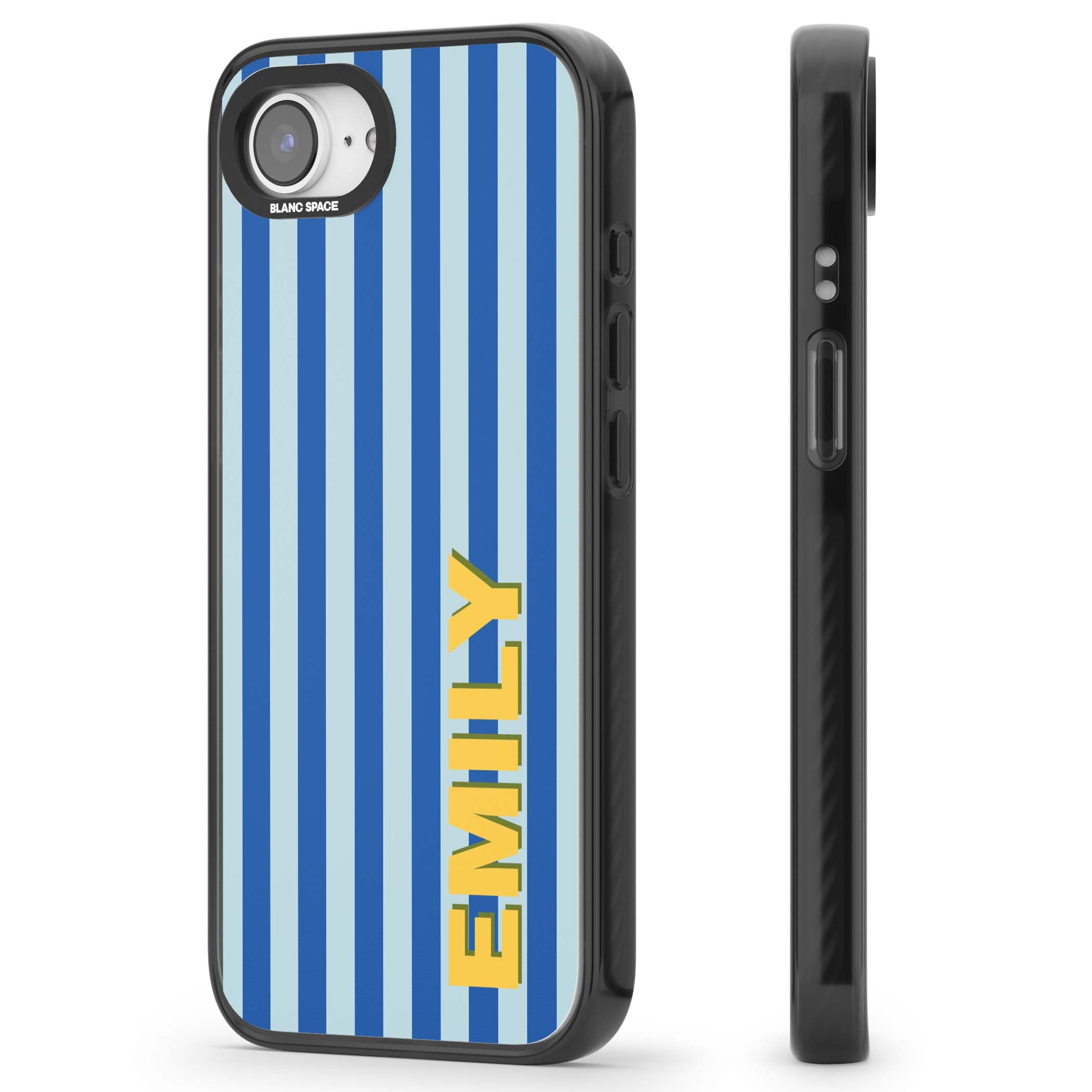 Athenian Stripe personalised preppy iPhone case featuring blue vertical stripes and a custom yellow name | Black Impact case for iPhone 16e, iPhone 17e