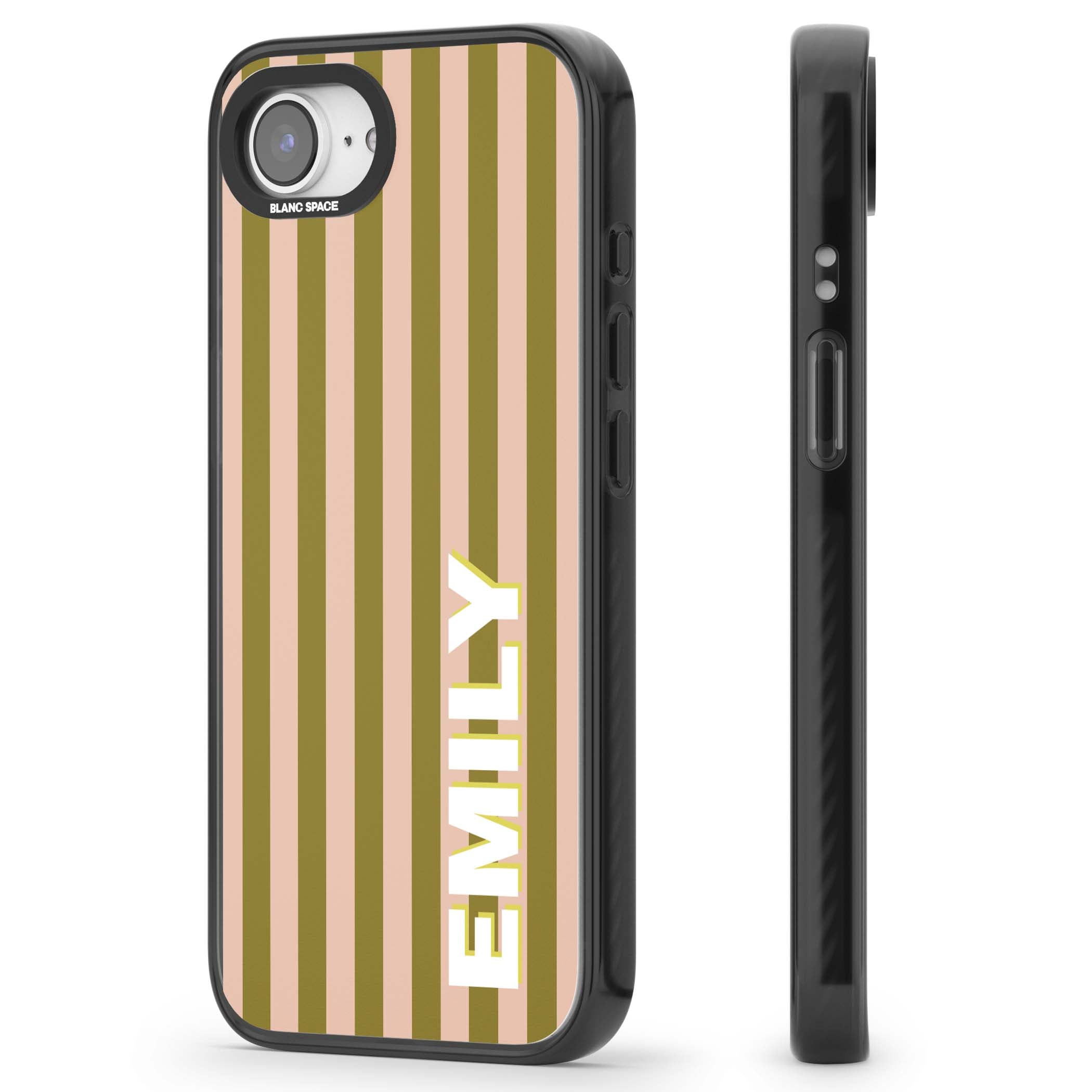 Indian Stripe personalised iPhone case featuring olive green and blush pink vertical stripes with custom name in whit | Black Impact case for iPhone 16e, iPhone 17e