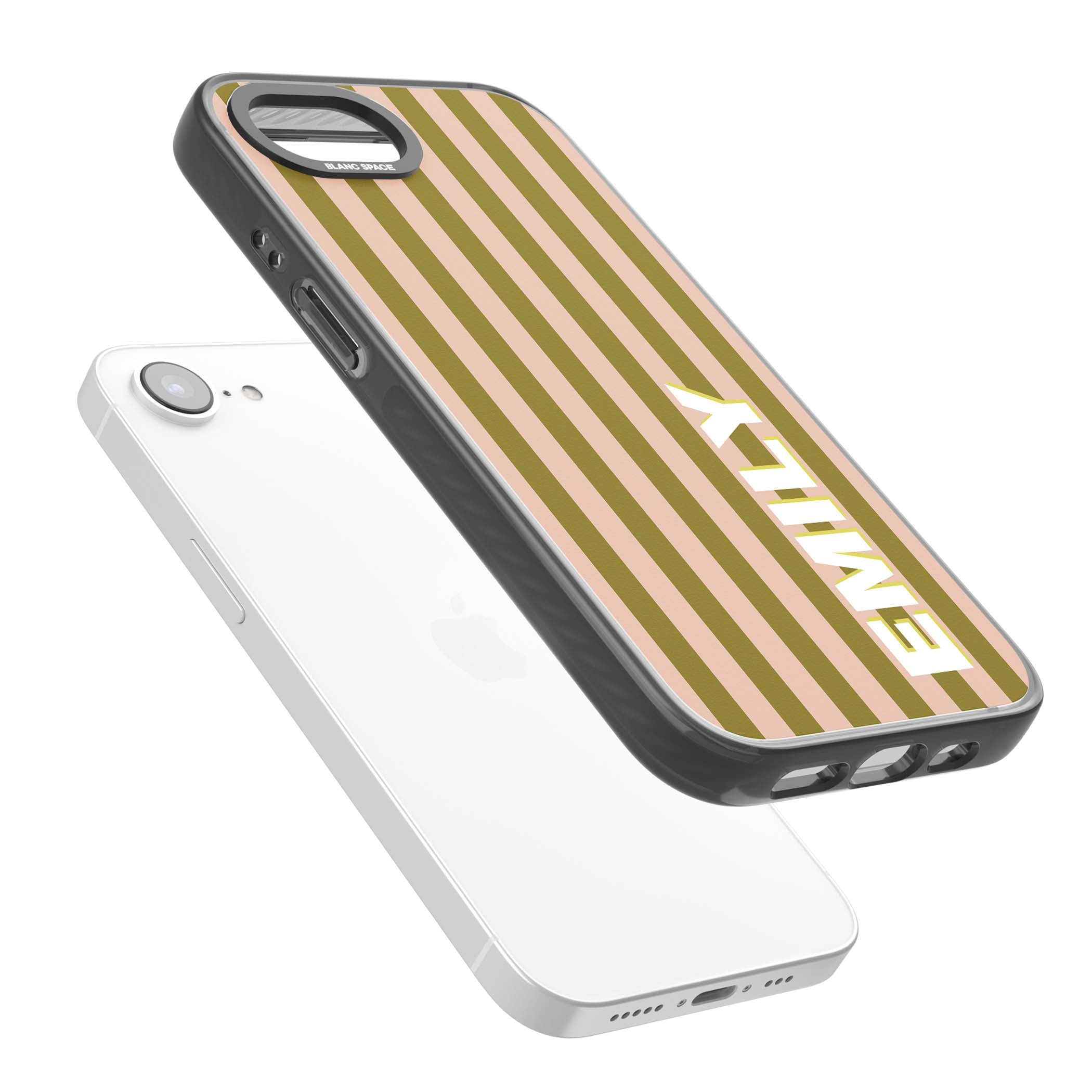 Indian Stripe personalised iPhone case featuring olive green and blush pink vertical stripes with custom name in whit | Black Impact case for iPhone 16e, iPhone 17e