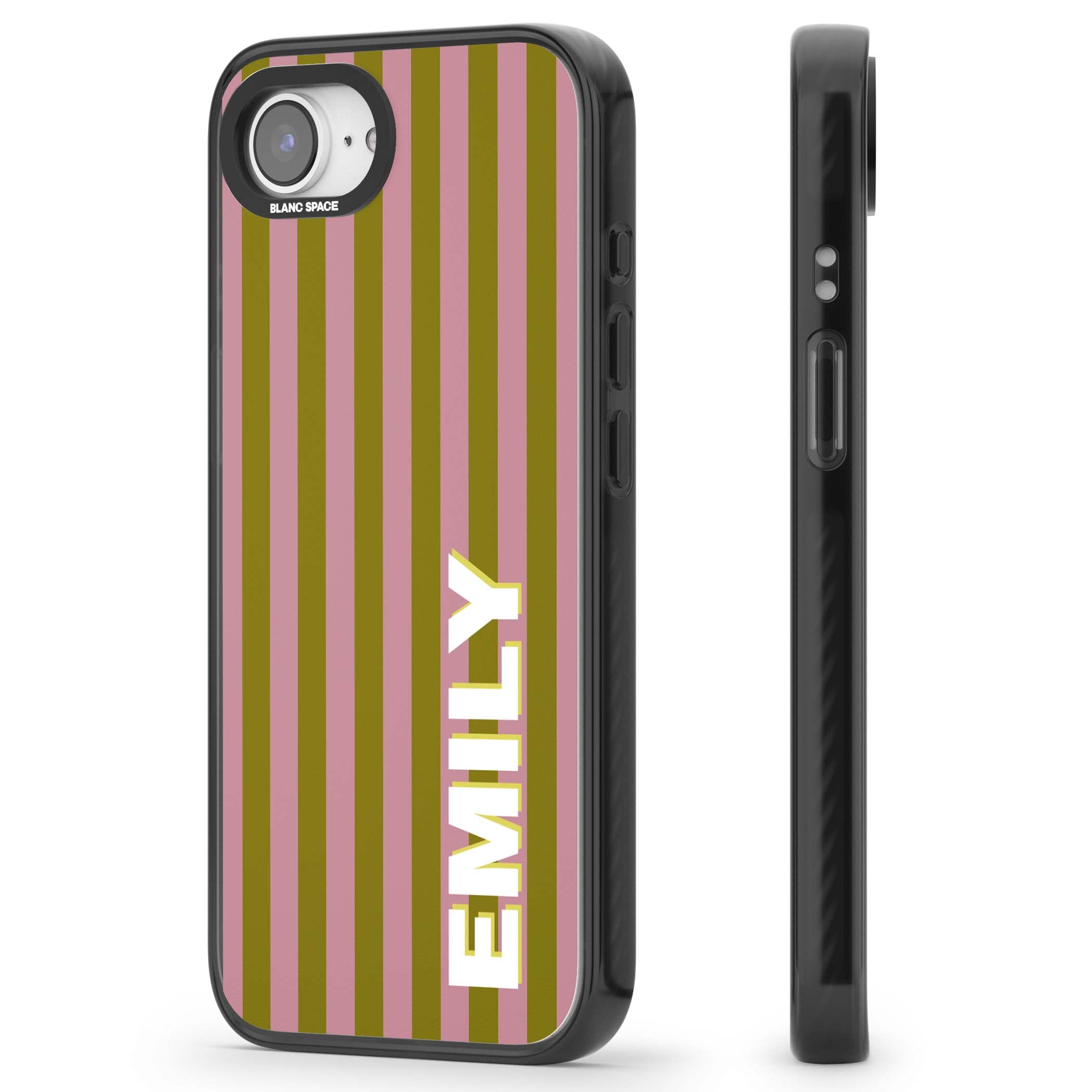 Istanbul Stripe personalised iPhone case featuring pink and olive green vertical stripes with a custom vertical name | Black Impact case for iPhone 16e, iPhone 17e