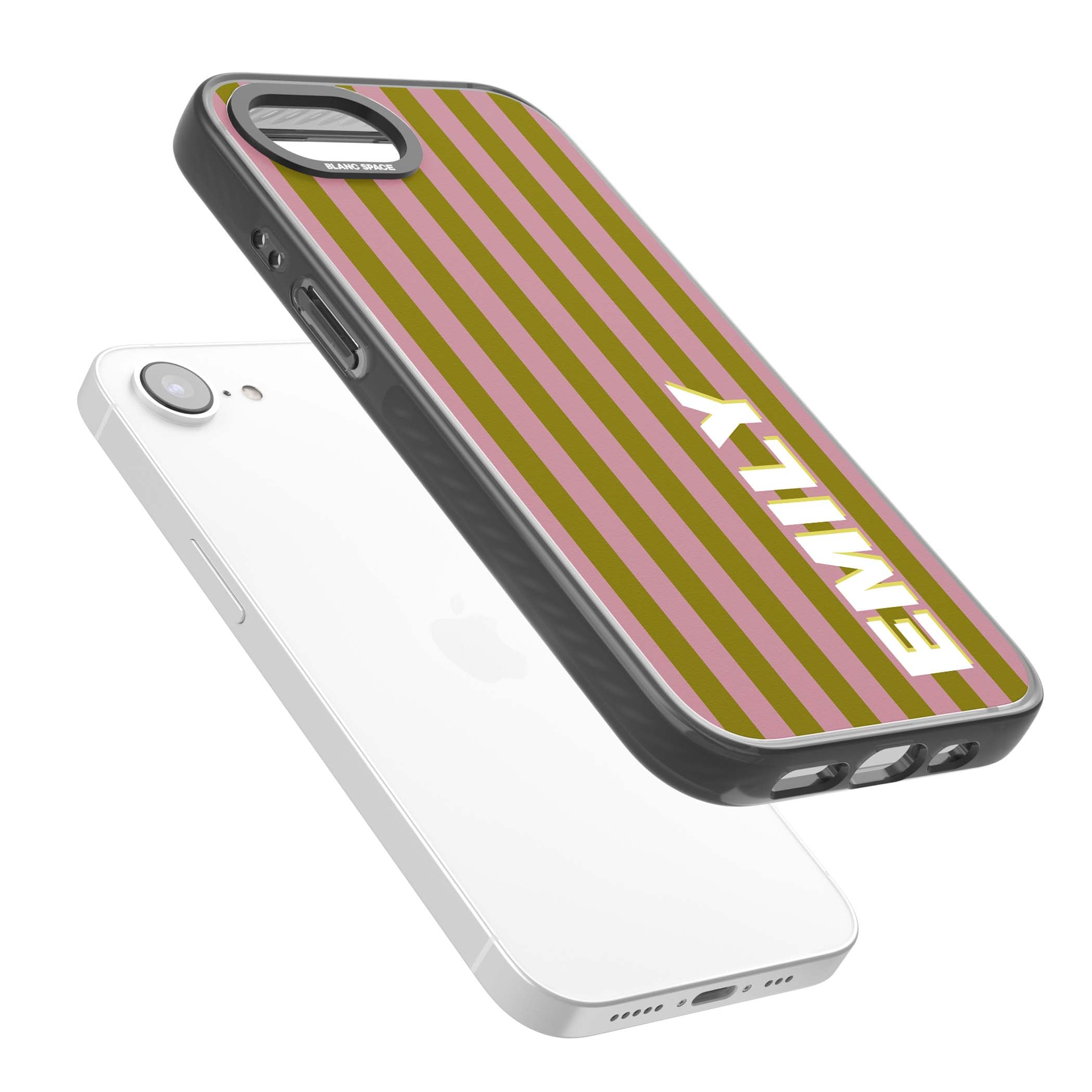 Istanbul Stripe personalised iPhone case featuring pink and olive green vertical stripes with a custom vertical name | Black Impact case for iPhone 16e, iPhone 17e