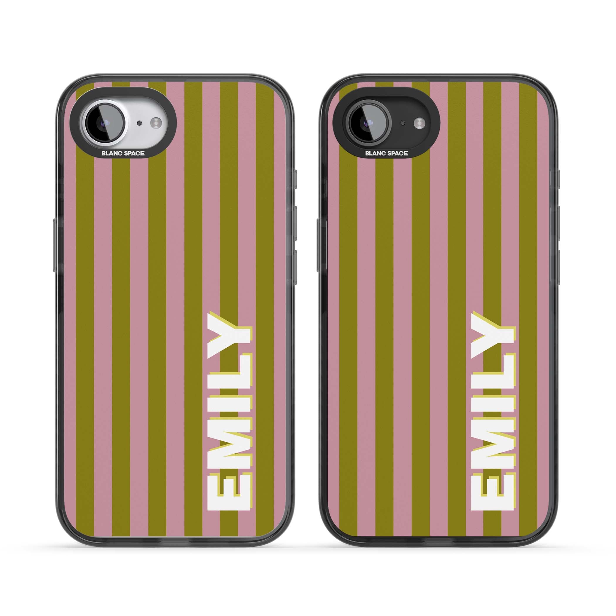 Istanbul Stripe personalised iPhone case featuring pink and olive green vertical stripes with a custom vertical name | Black Impact case for iPhone 16e, iPhone 17e