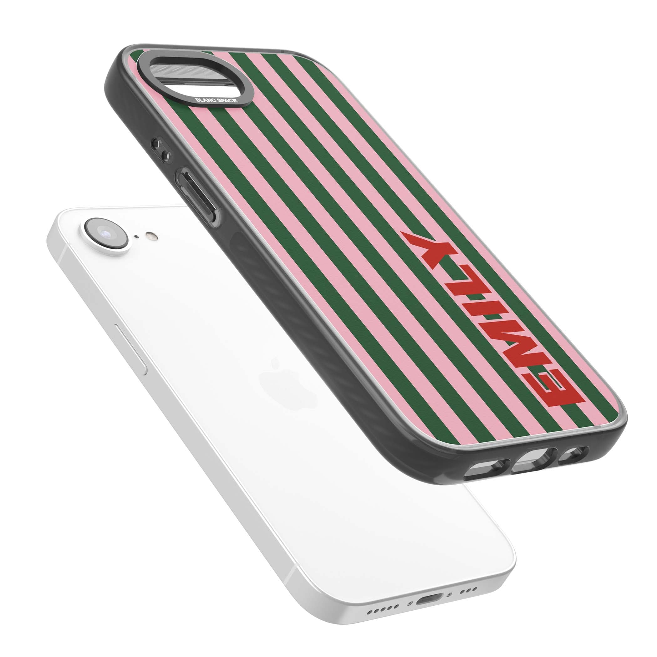 Italian Stripe preppy iPhone case featuring pink and green vertical stripes with personalised red name | Black Impact case for iPhone 16e, iPhone 17e
