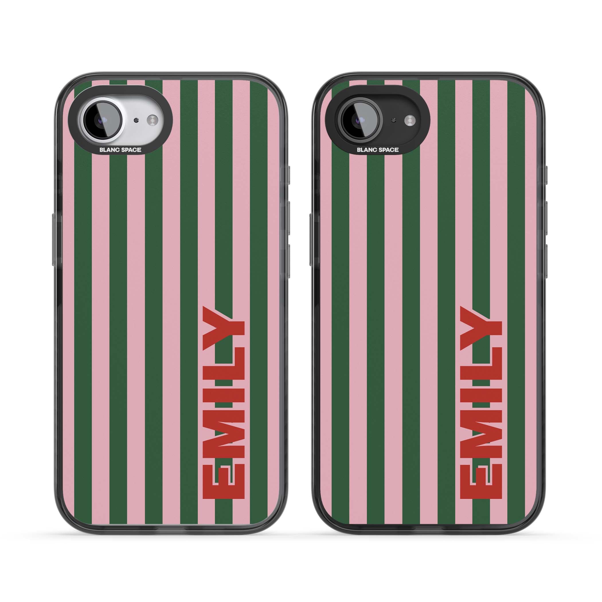 Italian Stripe preppy iPhone case featuring pink and green vertical stripes with personalised red name | Black Impact case for iPhone 16e, iPhone 17e