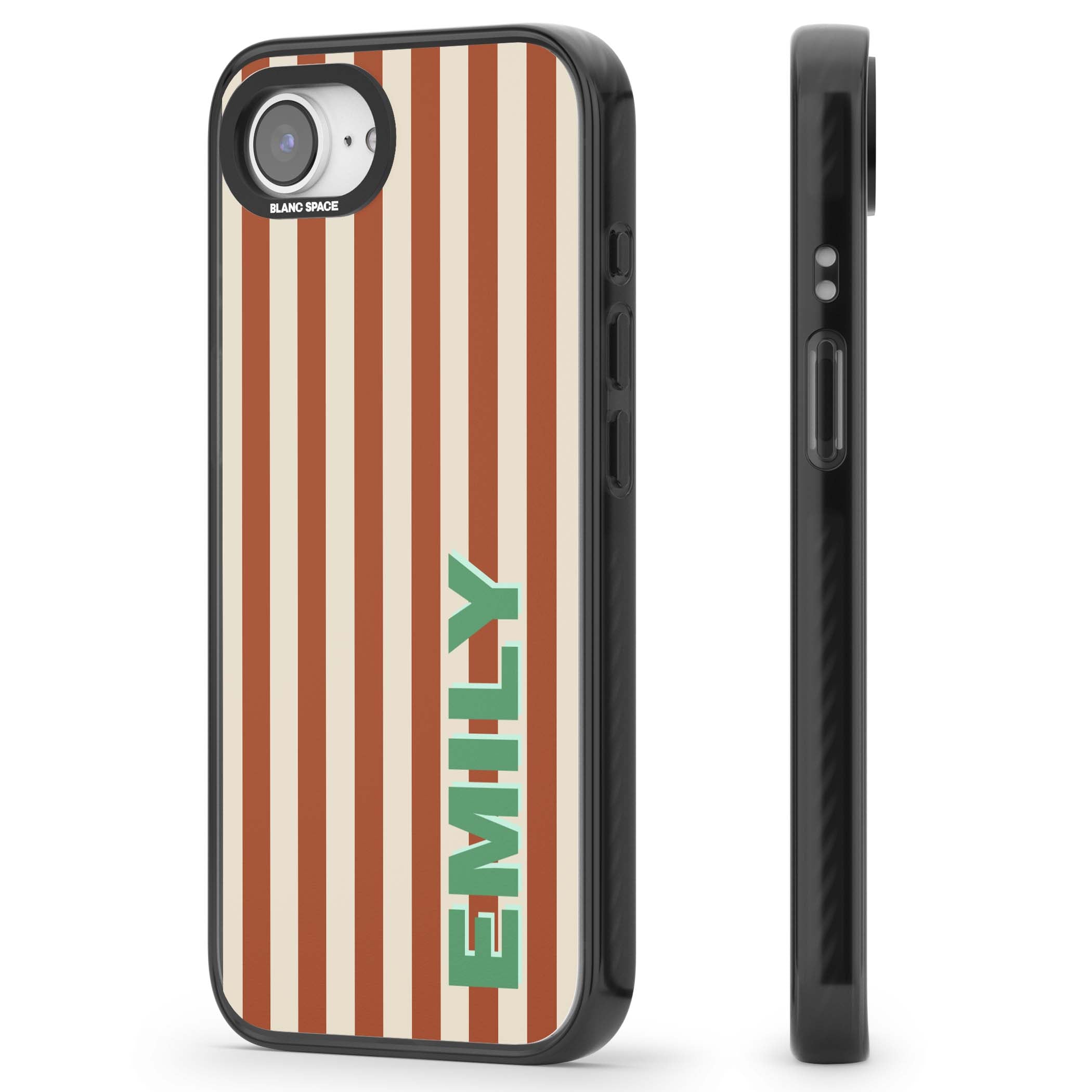 Dune Stripe personalised iPhone case with rust and cream vertical stripes and custom name in mint green | Black Impact case for iPhone 16e, iPhone 17e