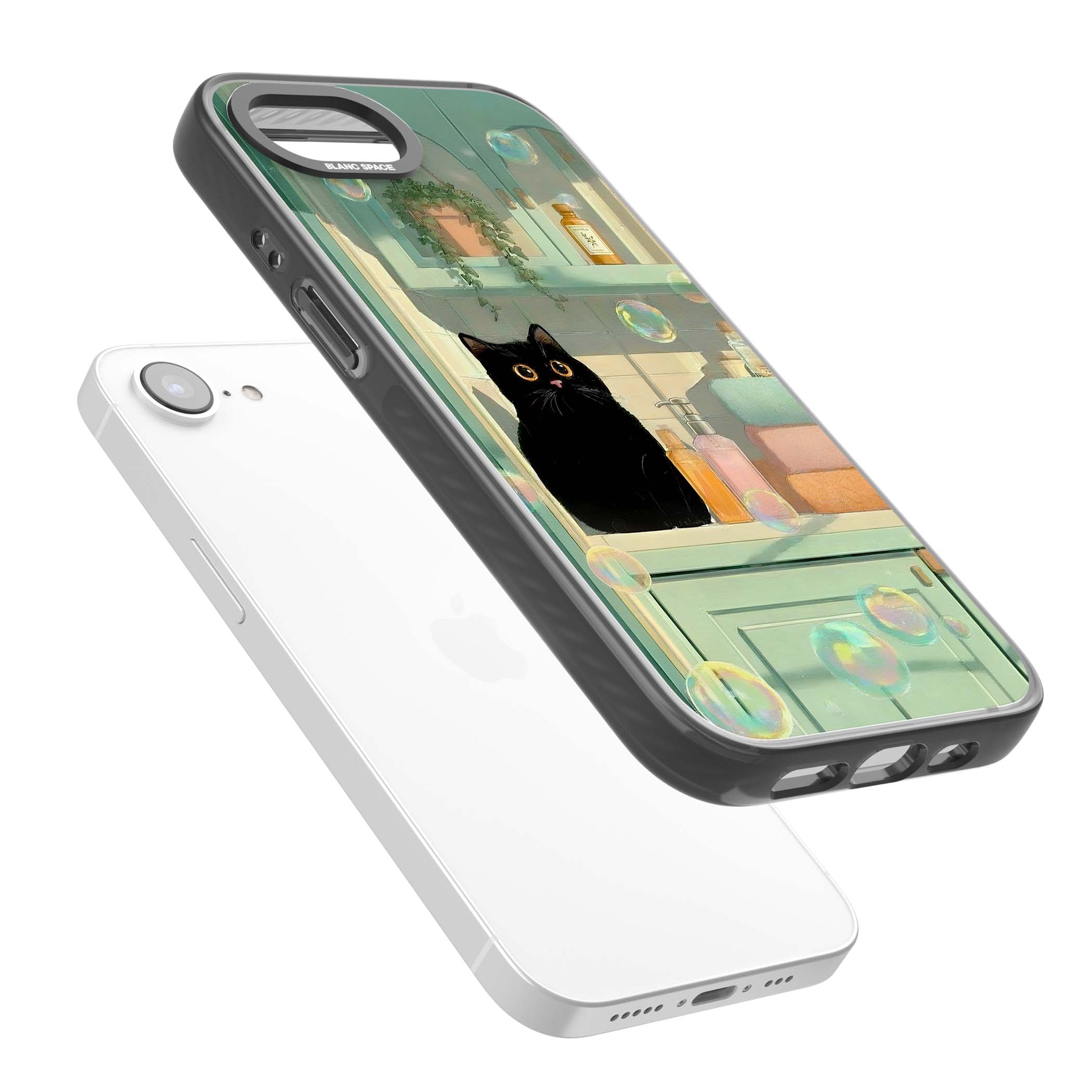 Bathroom Bubble Kitty cottagecore iPhone case featuring a black cat, mint bathroom scene and floating soap bubbles | Black Impact case for iPhone 16e, iPhone 17e