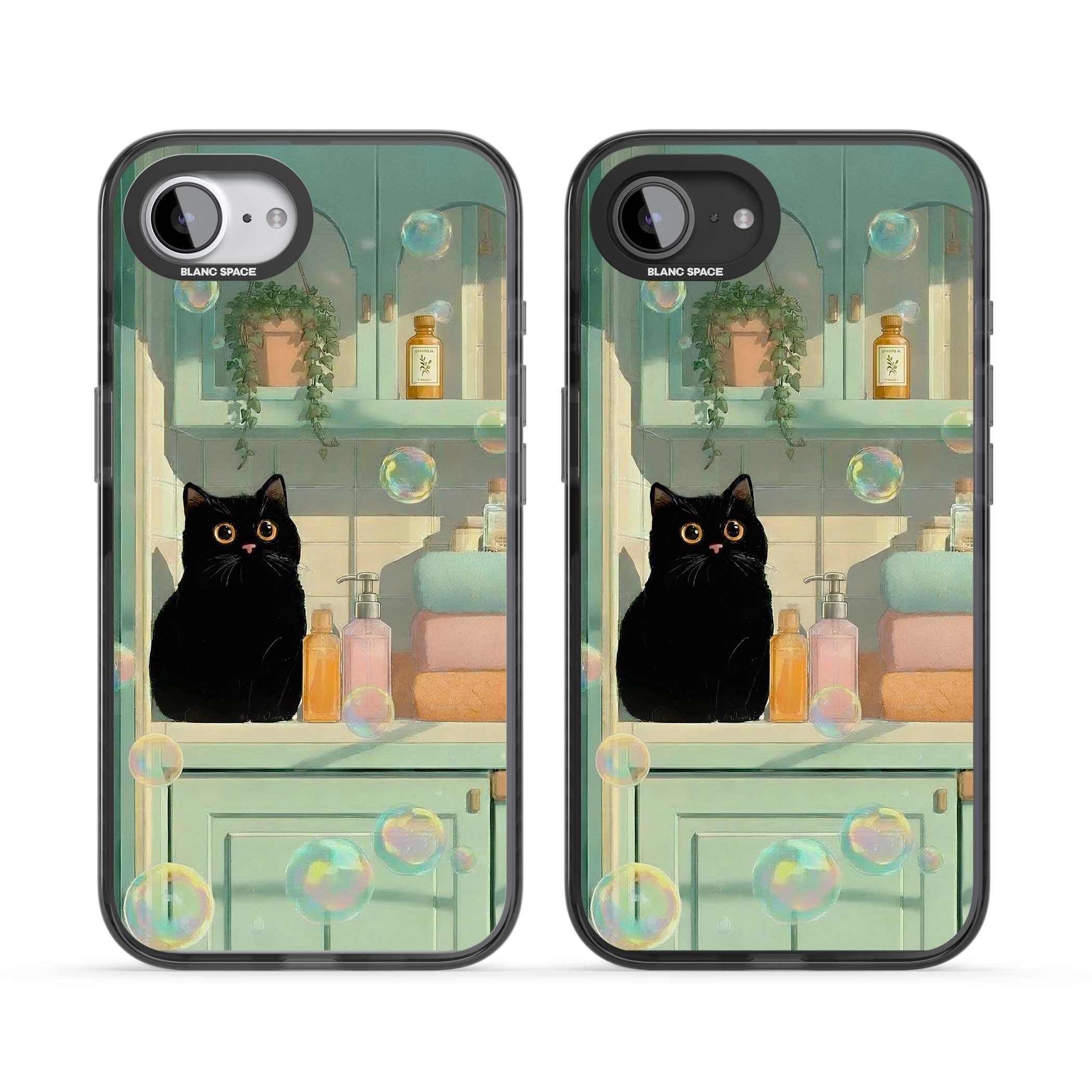 Bathroom Bubble Kitty cottagecore iPhone case featuring a black cat, mint bathroom scene and floating soap bubbles | Black Impact case for iPhone 16e, iPhone 17e