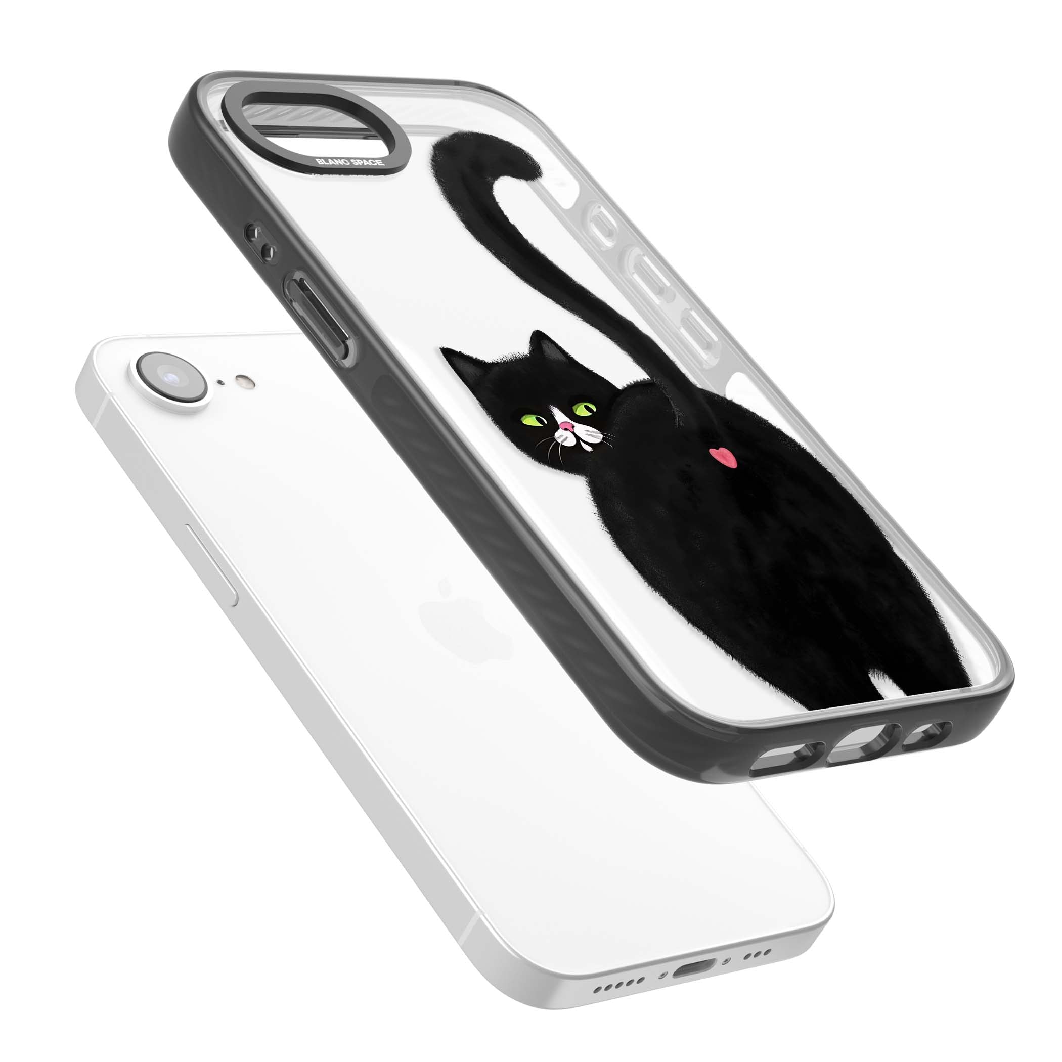 The Cat's Kiss cute cat iPhone case featuring a hand-painted tuxedo kitty with green eyes and a pink heart on a clear  | Black Impact case for iPhone 16e, iPhone 17e