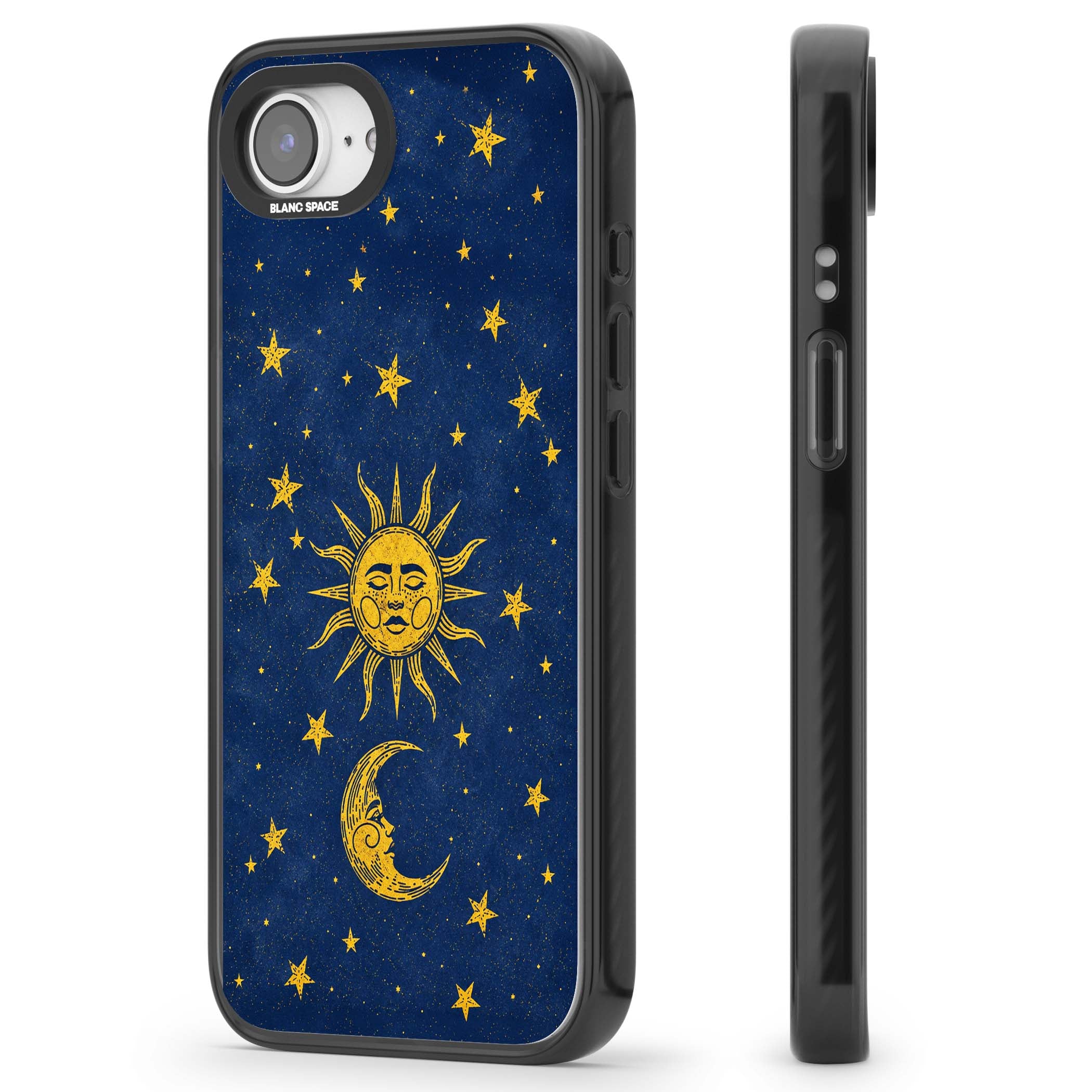 Sun & Moon Reverie celestial iPhone case featuring a vintage golden sun, crescent moon and scattered stars on midnight blue | Black Impact case for iPhone 16e, iPhone 17e