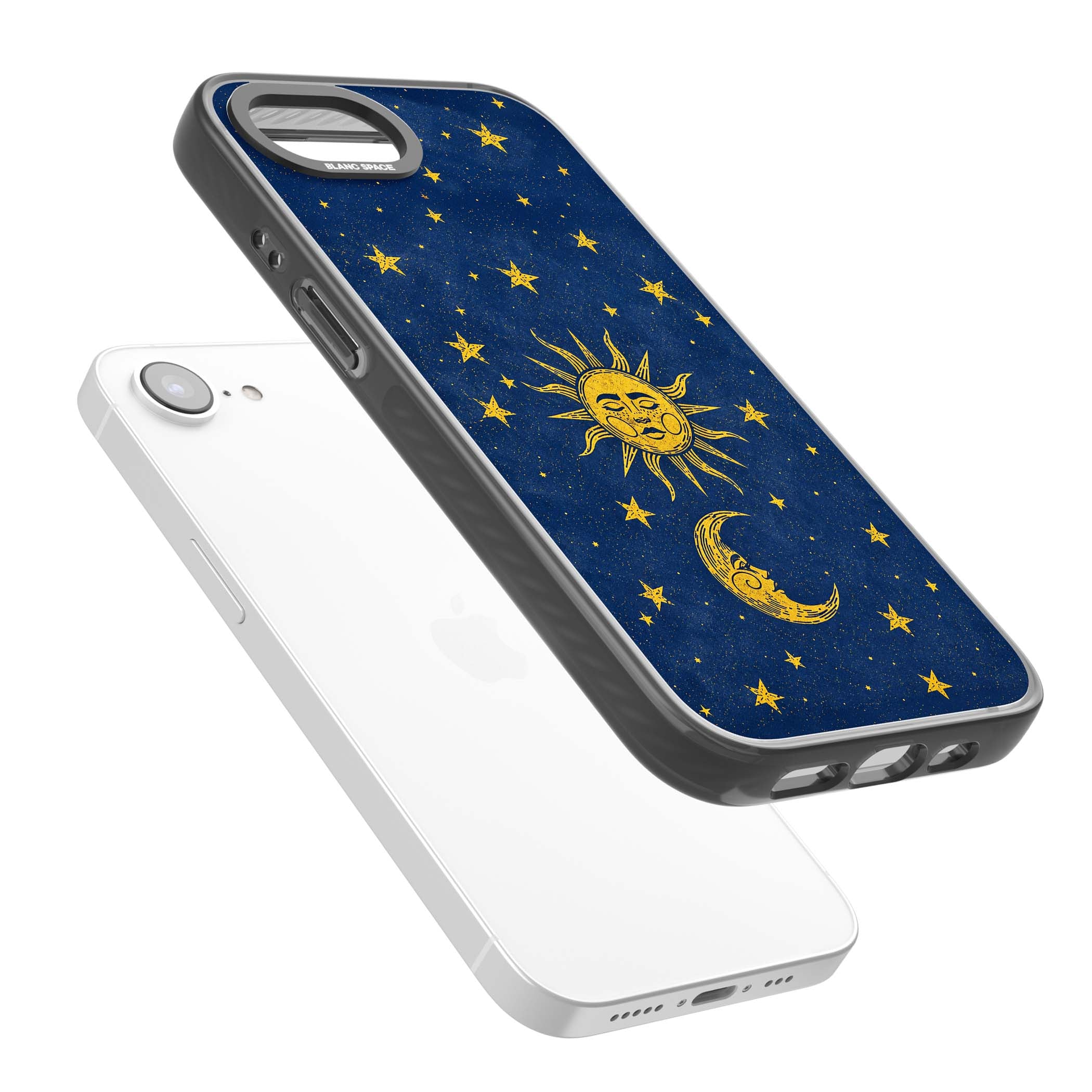 Sun & Moon Reverie celestial iPhone case featuring a vintage golden sun, crescent moon and scattered stars on midnight blue | Black Impact case for iPhone 16e, iPhone 17e