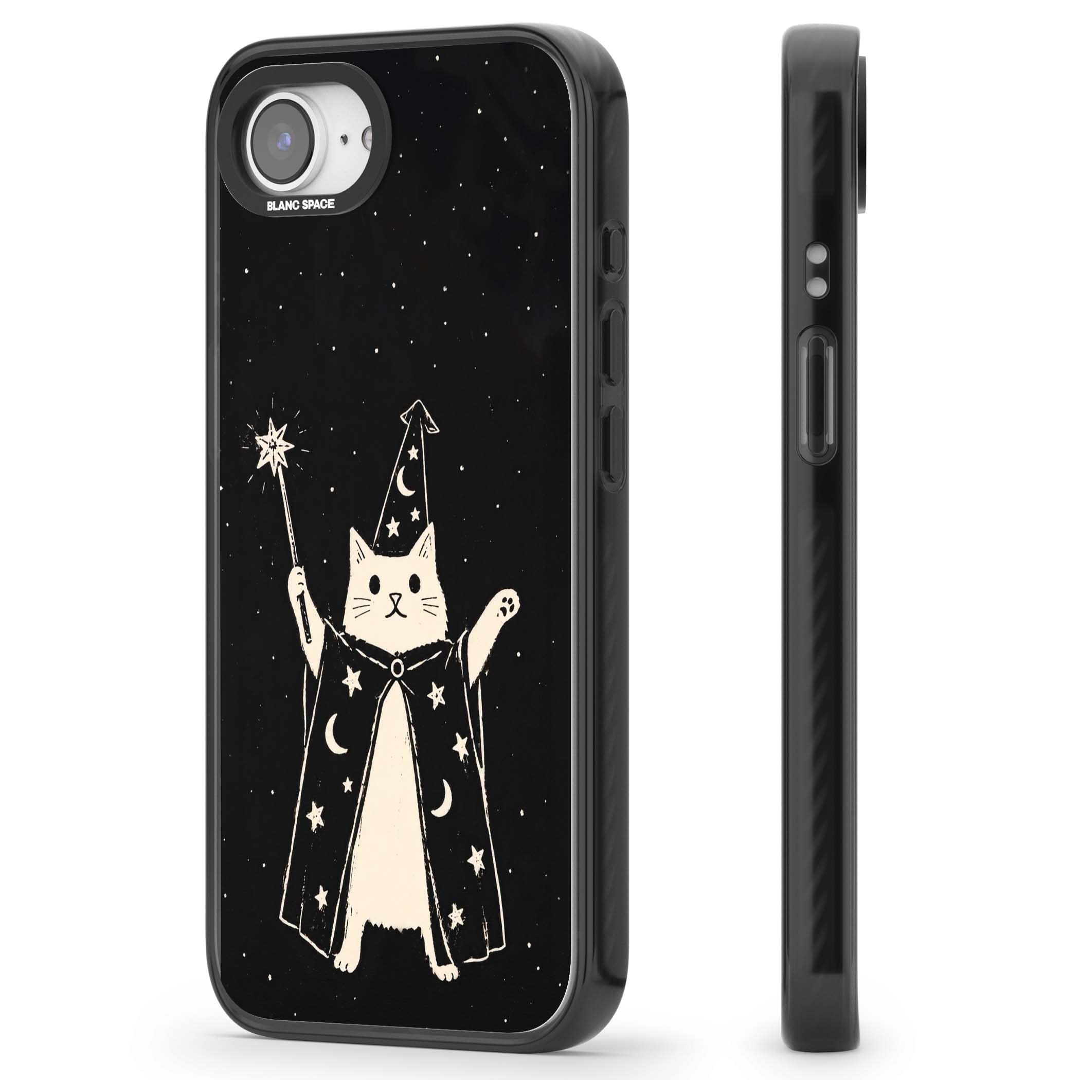 Whisker Wizard celestial cat iPhone case featuring a wizard cat with magic wand, starry night sky and crescent moons | Black Impact case for iPhone 16e, iPhone 17e