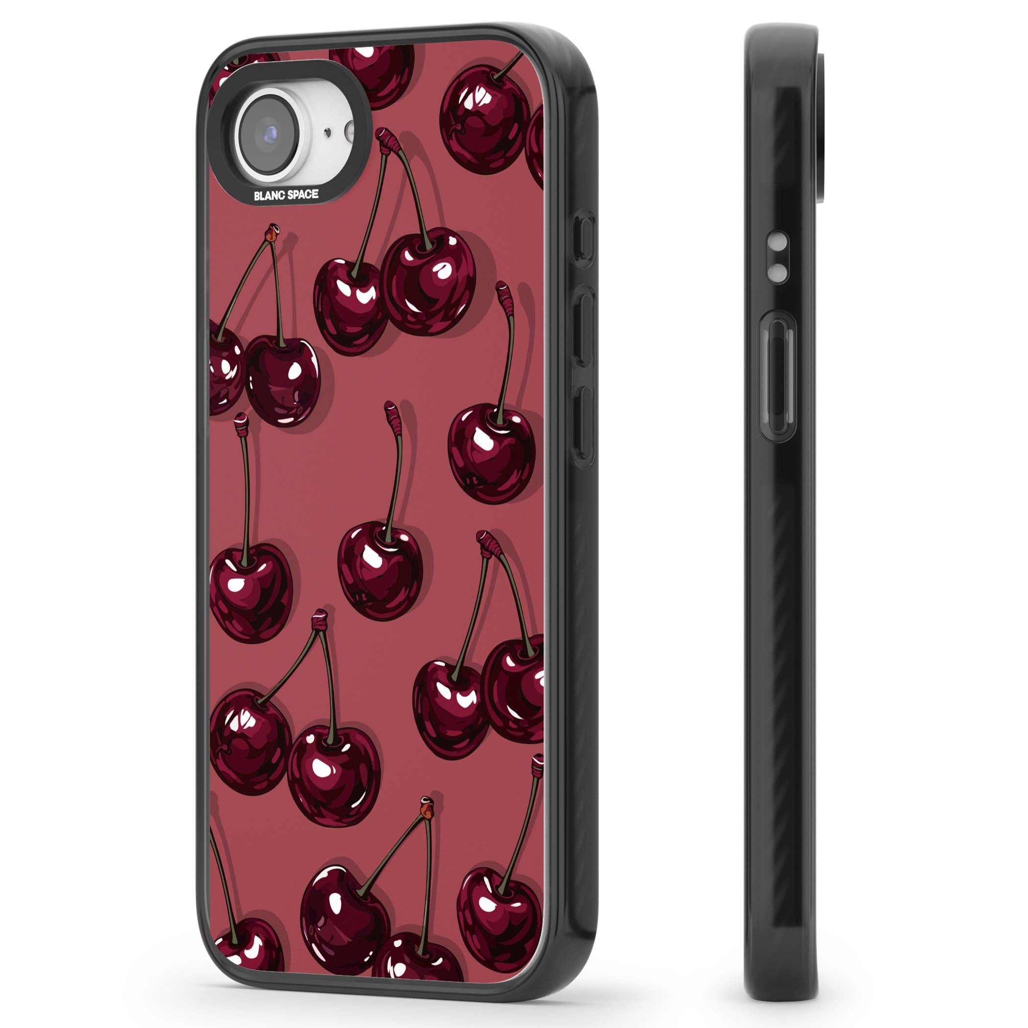 Cherry Rebel coquette iPhone case featuring glossy burgundy cherries on a dusty rose background | Black Impact case for iPhone 16e, iPhone 17e