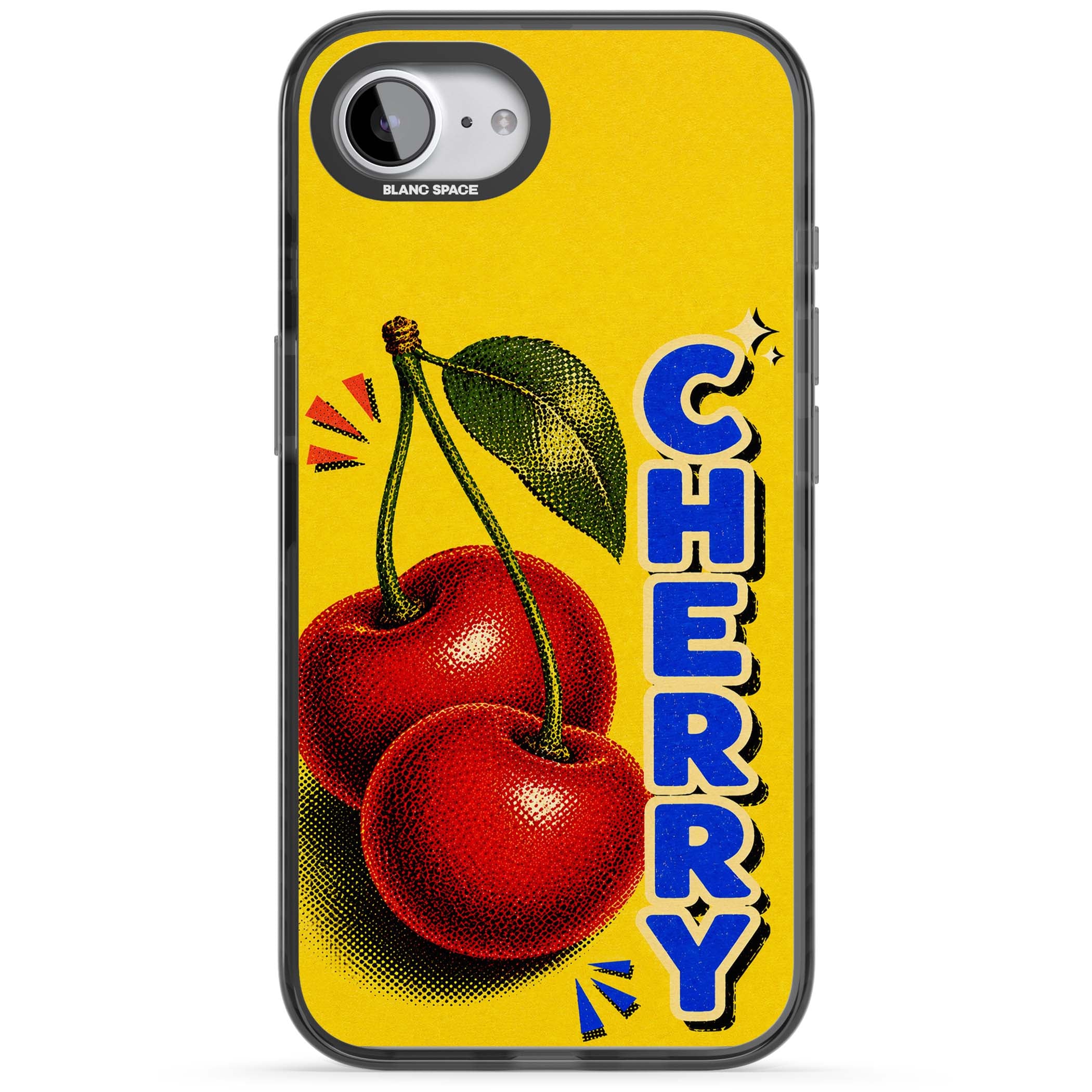 Cherry Yellow y2k iPhone case featuring two red cherries, halftone shading and bold blue CHERRY lettering on yellow | Black Impact case for iPhone 16e, iPhone 17e