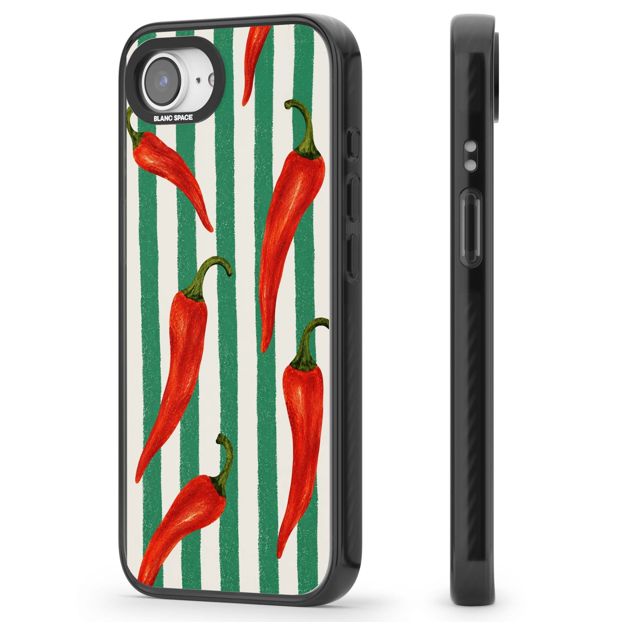 Striped Chillis coastal iPhone case featuring hand-painted red chili peppers on green and cream stripes | Black Impact case for iPhone 16e, iPhone 17e