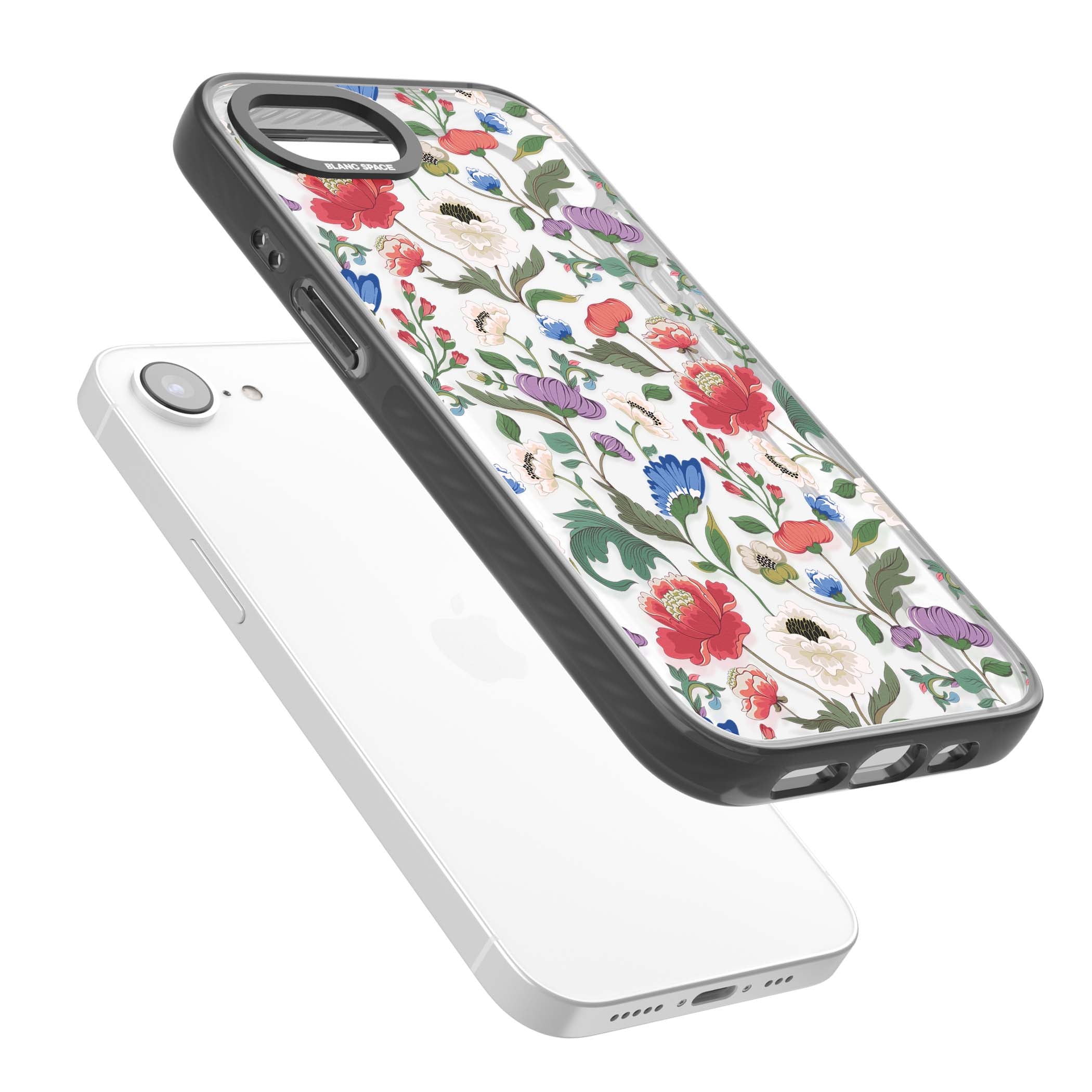Chinoiserie Bloom vintage floral iPhone case featuring hand-painted peonies, poppies and trailing wildflowers on clear... | Black Impact case for iPhone 16e, iPhone 17e
