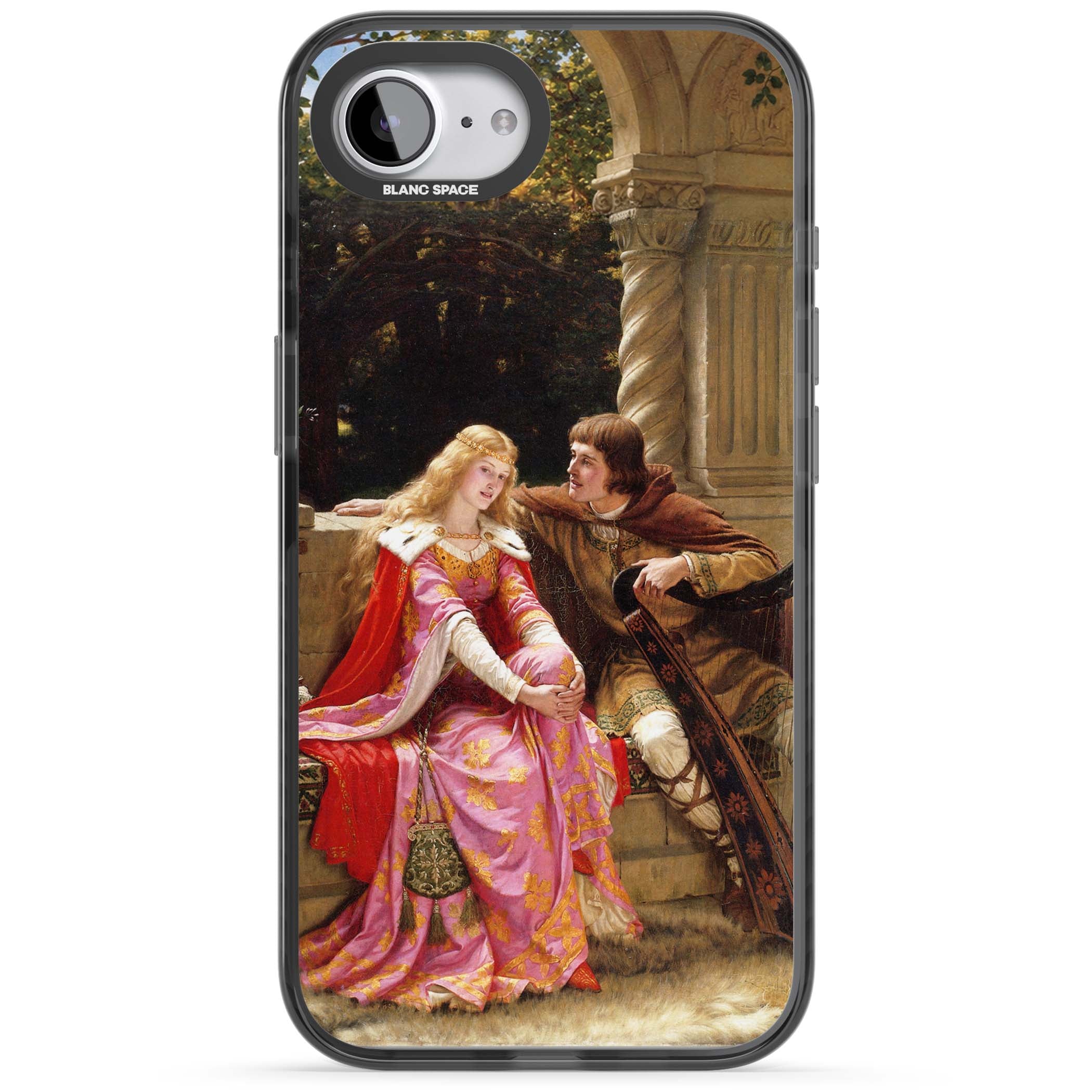 The End of the Song classic art iPhone case featuring a medieval lady in pink gown and her knight in a stone archway | Black Impact case for iPhone 16e, iPhone 17e