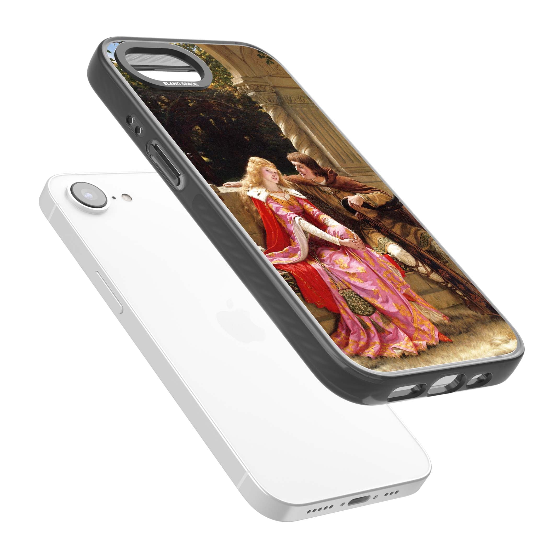 The End of the Song classic art iPhone case featuring a medieval lady in pink gown and her knight in a stone archway | Black Impact case for iPhone 16e, iPhone 17e