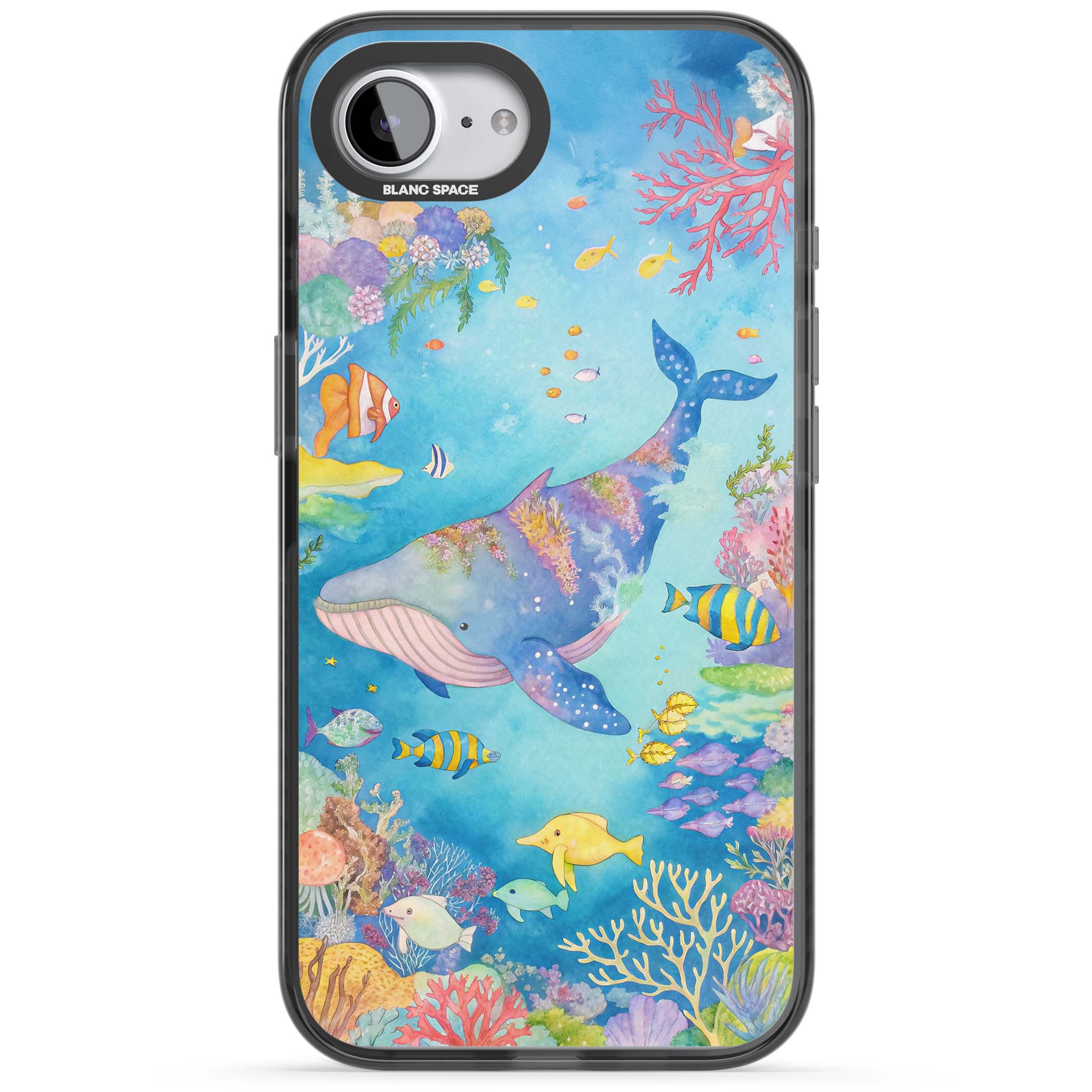 Coral Lagoon ocean iPhone case featuring a watercolour whale, coral reef and tropical fish | Black Impact case for iPhone 16e, iPhone 17e