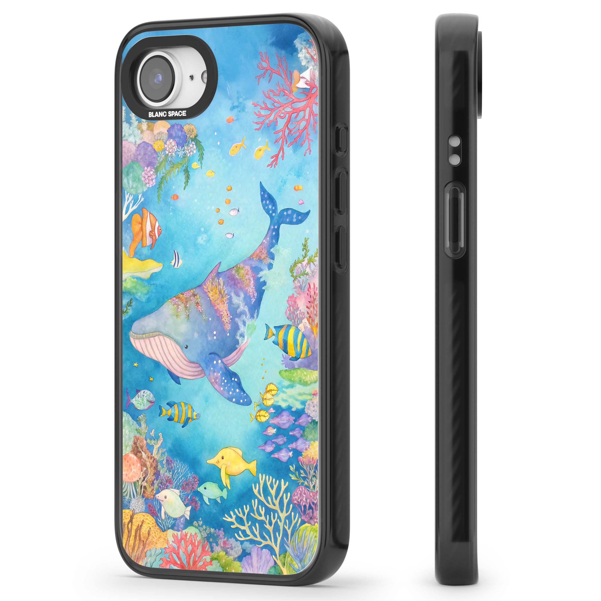 Coral Lagoon ocean iPhone case featuring a watercolour whale, coral reef and tropical fish | Black Impact case for iPhone 16e, iPhone 17e