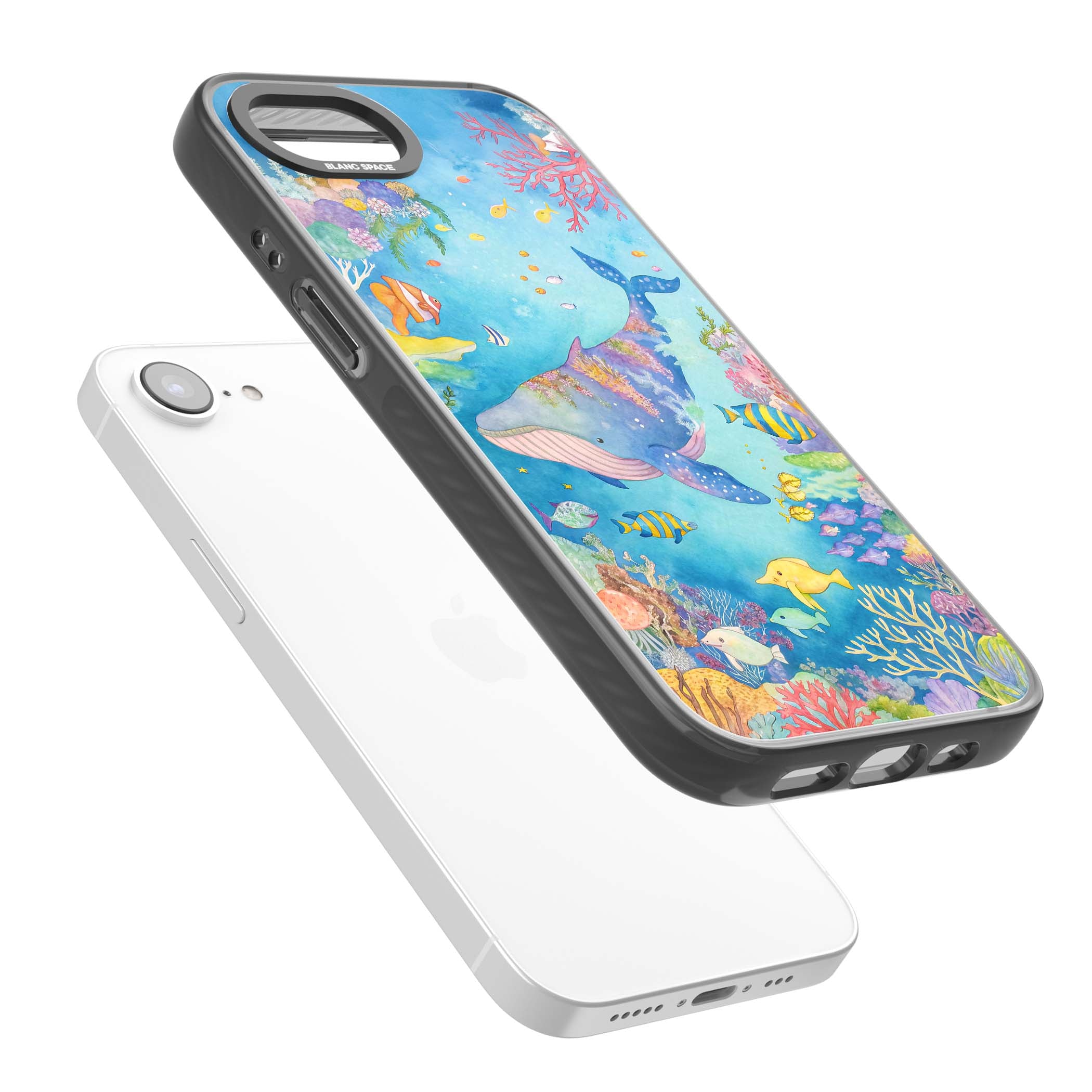 Coral Lagoon ocean iPhone case featuring a watercolour whale, coral reef and tropical fish | Black Impact case for iPhone 16e, iPhone 17e