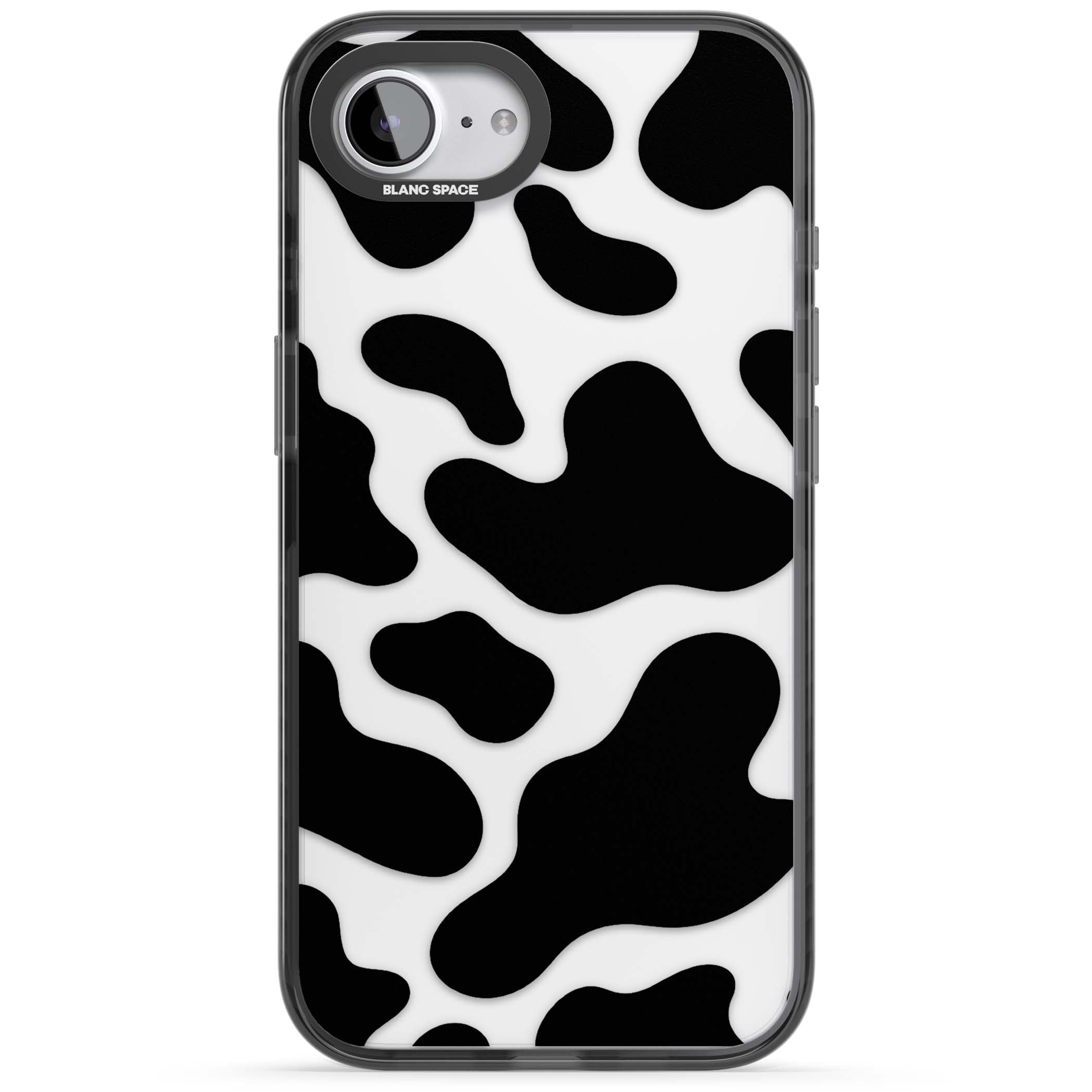 Clear Cow Print cow print iPhone case featuring black and white cow pattern splotches on a clear background | Black Impact case for iPhone 16e, iPhone 17e