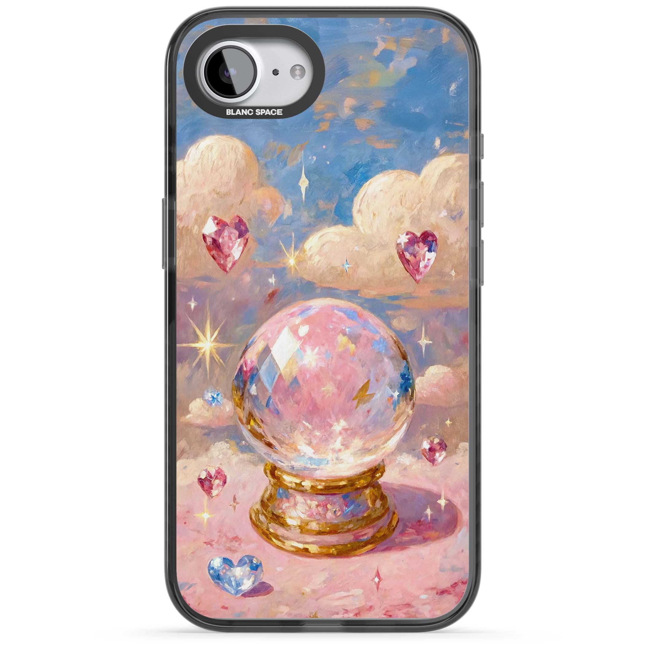 Crystal Ball fairycore iPhone case featuring a painted crystal ball, heart gemstones, and pastel clouds | Black Impact case for iPhone 16e, iPhone 17e