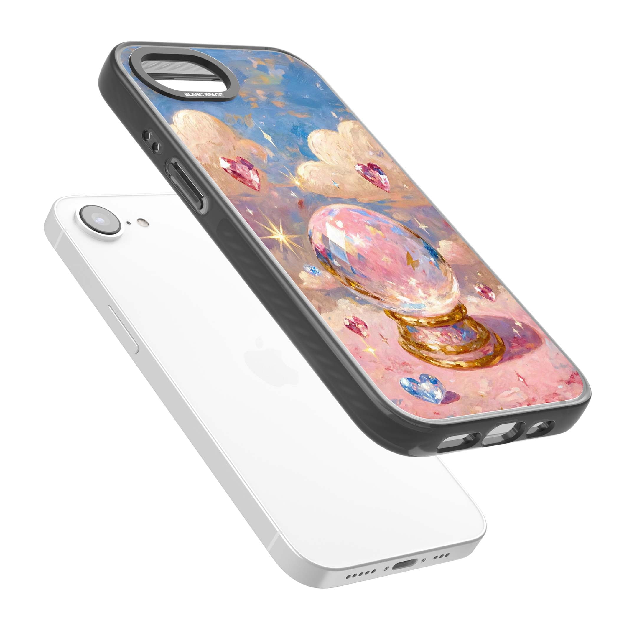 Crystal Ball fairycore iPhone case featuring a painted crystal ball, heart gemstones, and pastel clouds | Black Impact case for iPhone 16e, iPhone 17e