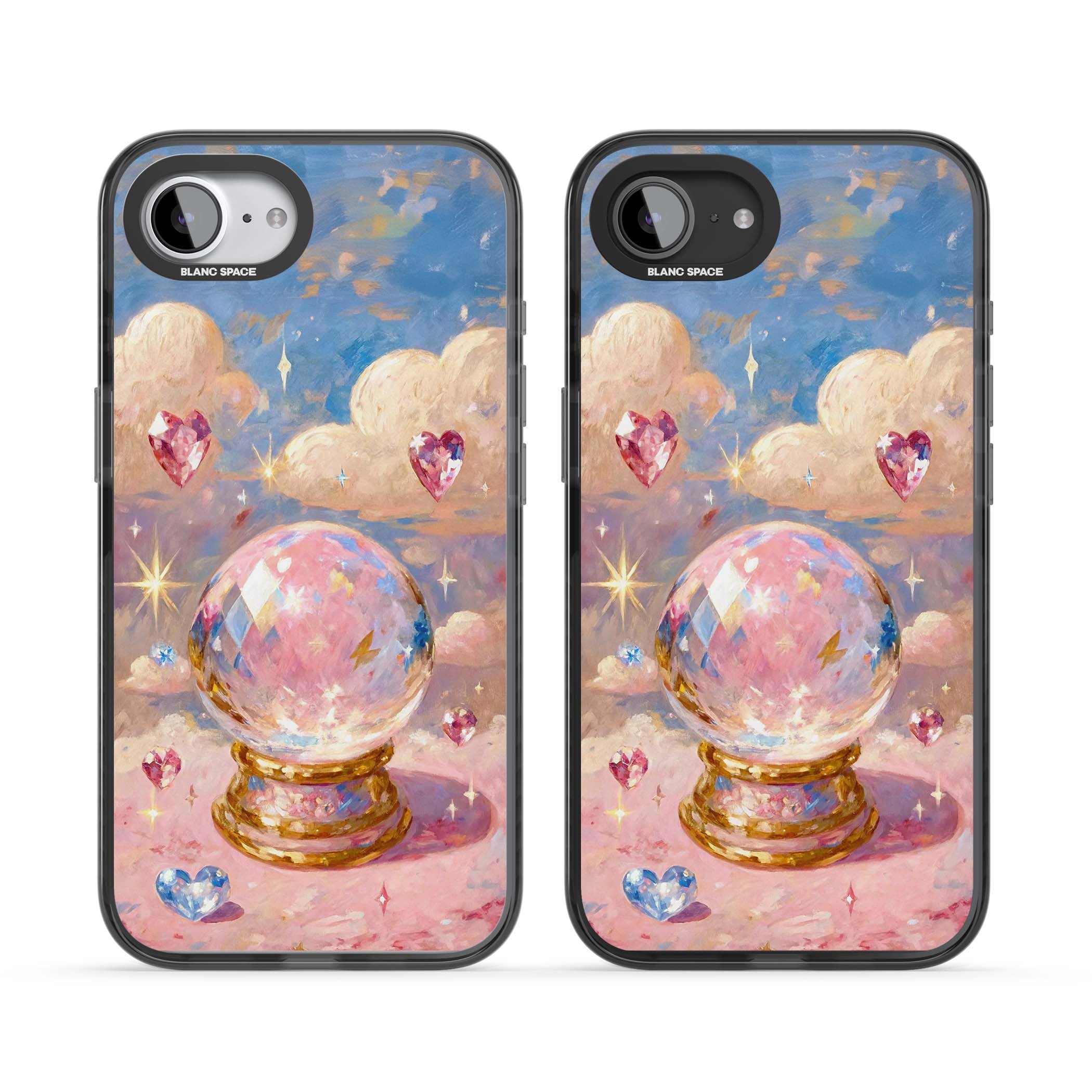 Crystal Ball fairycore iPhone case featuring a painted crystal ball, heart gemstones, and pastel clouds | Black Impact case for iPhone 16e, iPhone 17e