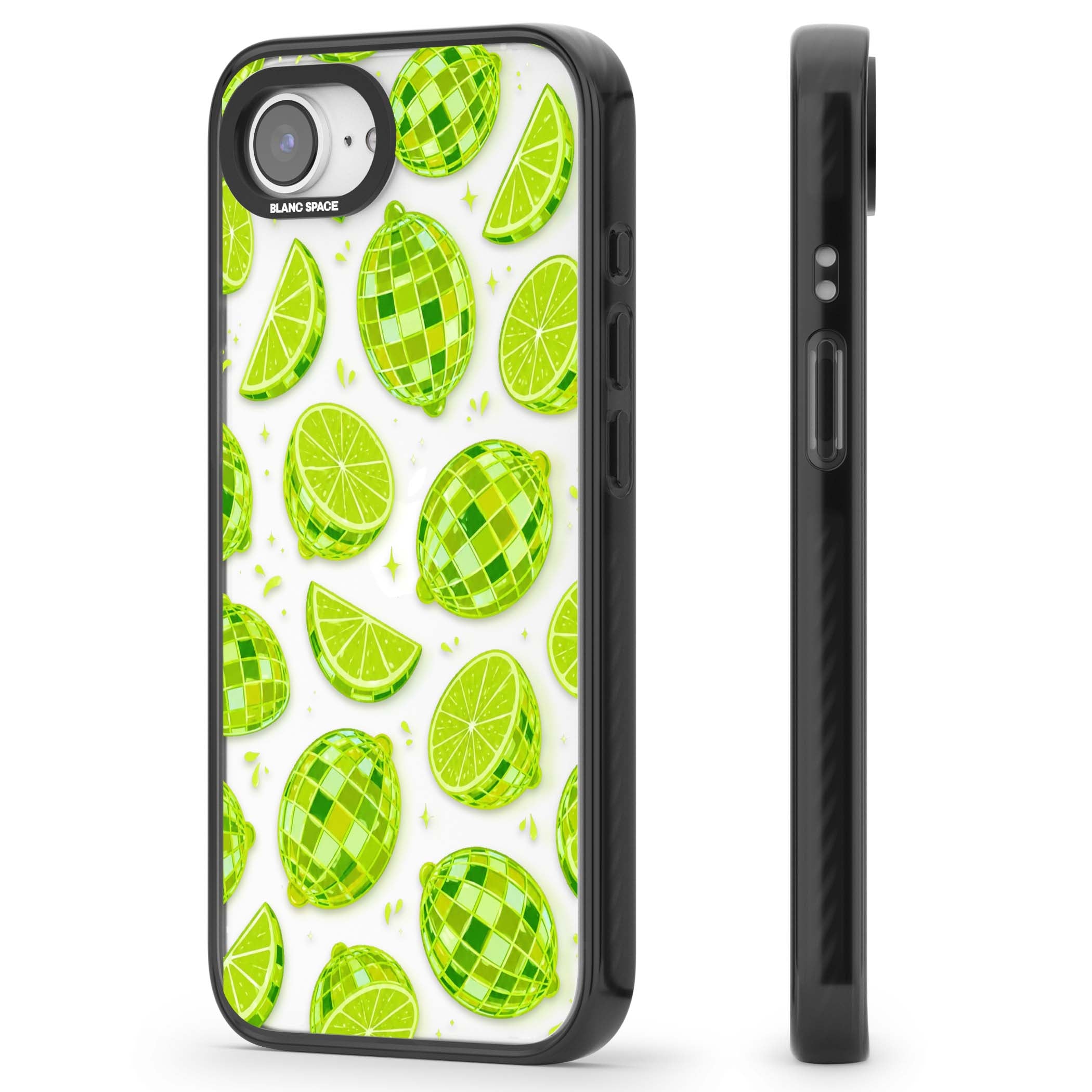 Disco Limes fruit aesthetic iPhone case featuring green disco balls, lime slices and citrus sparkles | Black Impact case for iPhone 16e, iPhone 17e