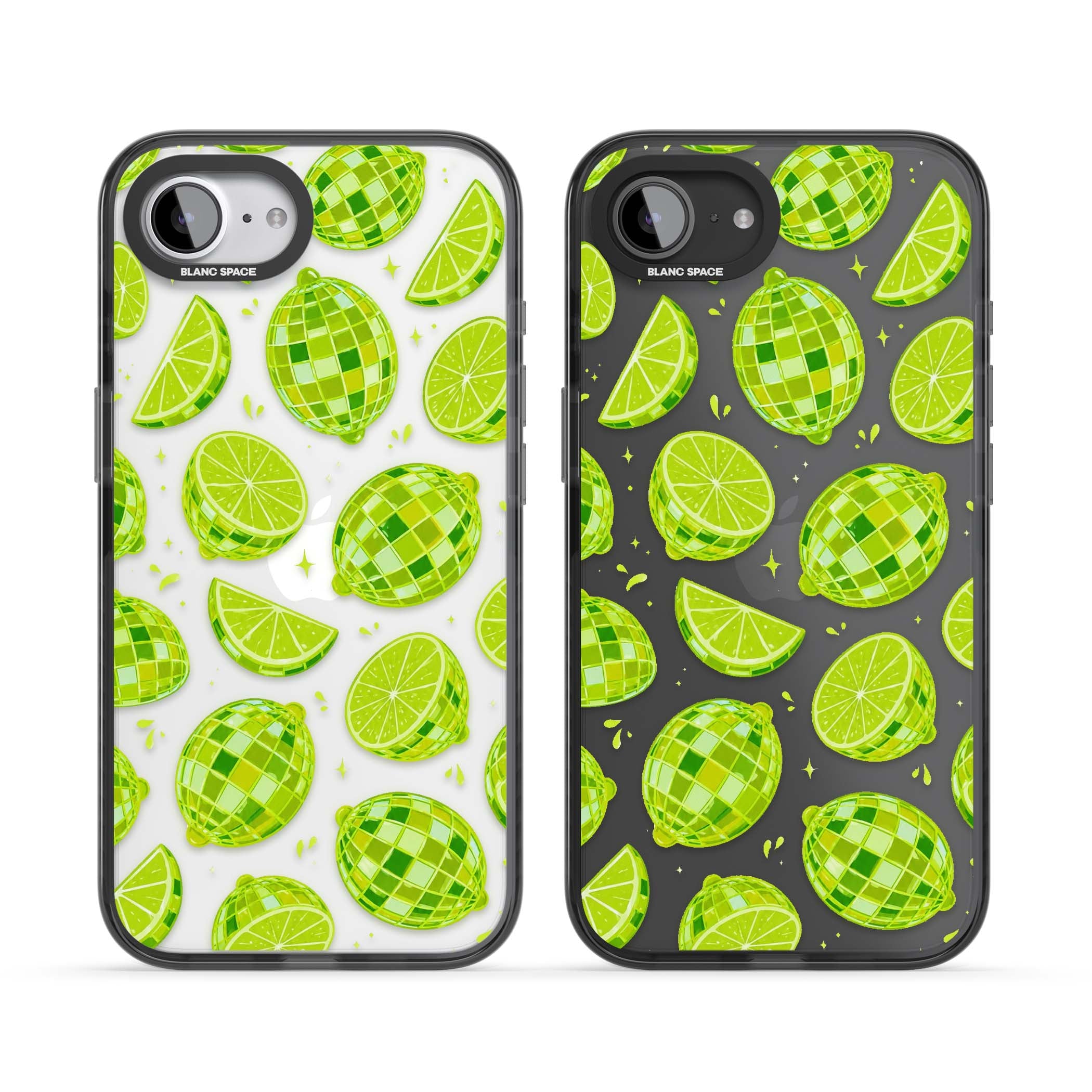 Disco Limes fruit aesthetic iPhone case featuring green disco balls, lime slices and citrus sparkles | Black Impact case for iPhone 16e, iPhone 17e