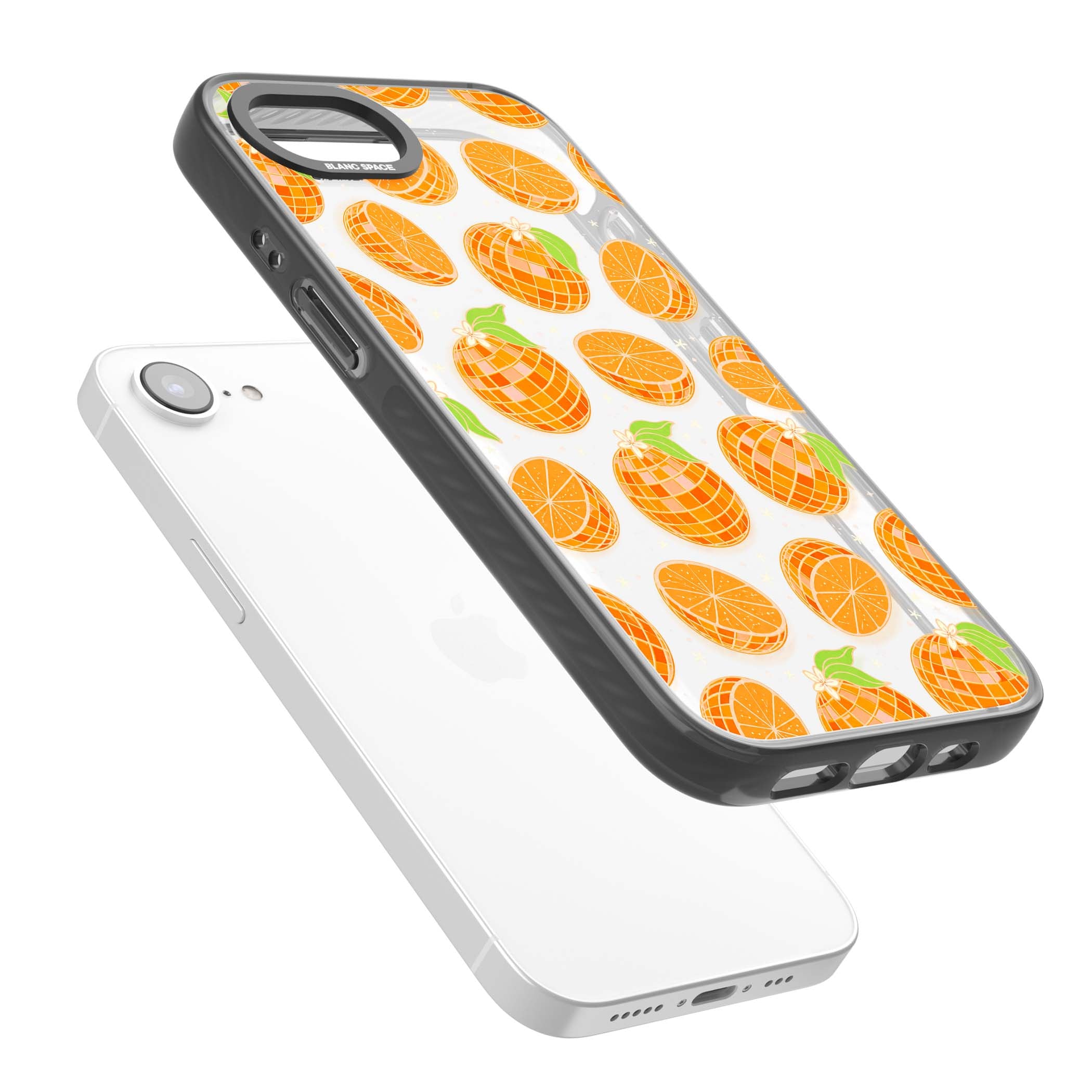 Disco Oranges retro iPhone case featuring mirrorball oranges, citrus slices and tiny blossoms on clear | Black Impact case for iPhone 16e, iPhone 17e