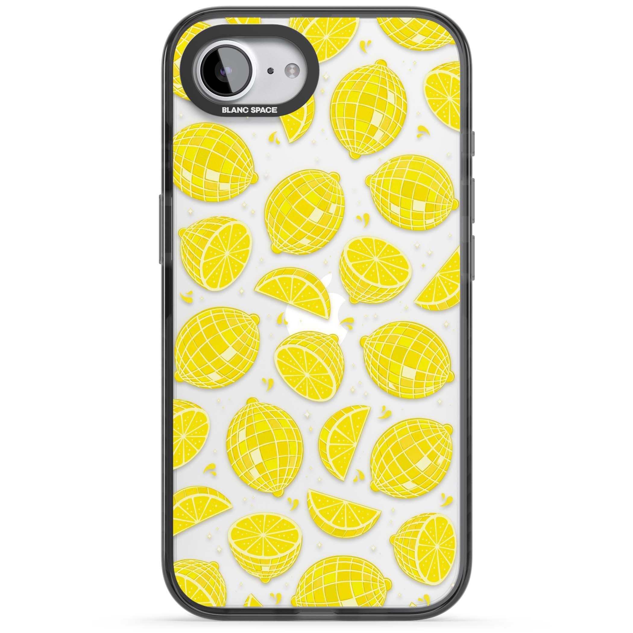 Disco Lemons citrus iPhone case featuring mirrorball lemons, sliced fruit and sparkle accents | Black Impact case for iPhone 16e, iPhone 17e