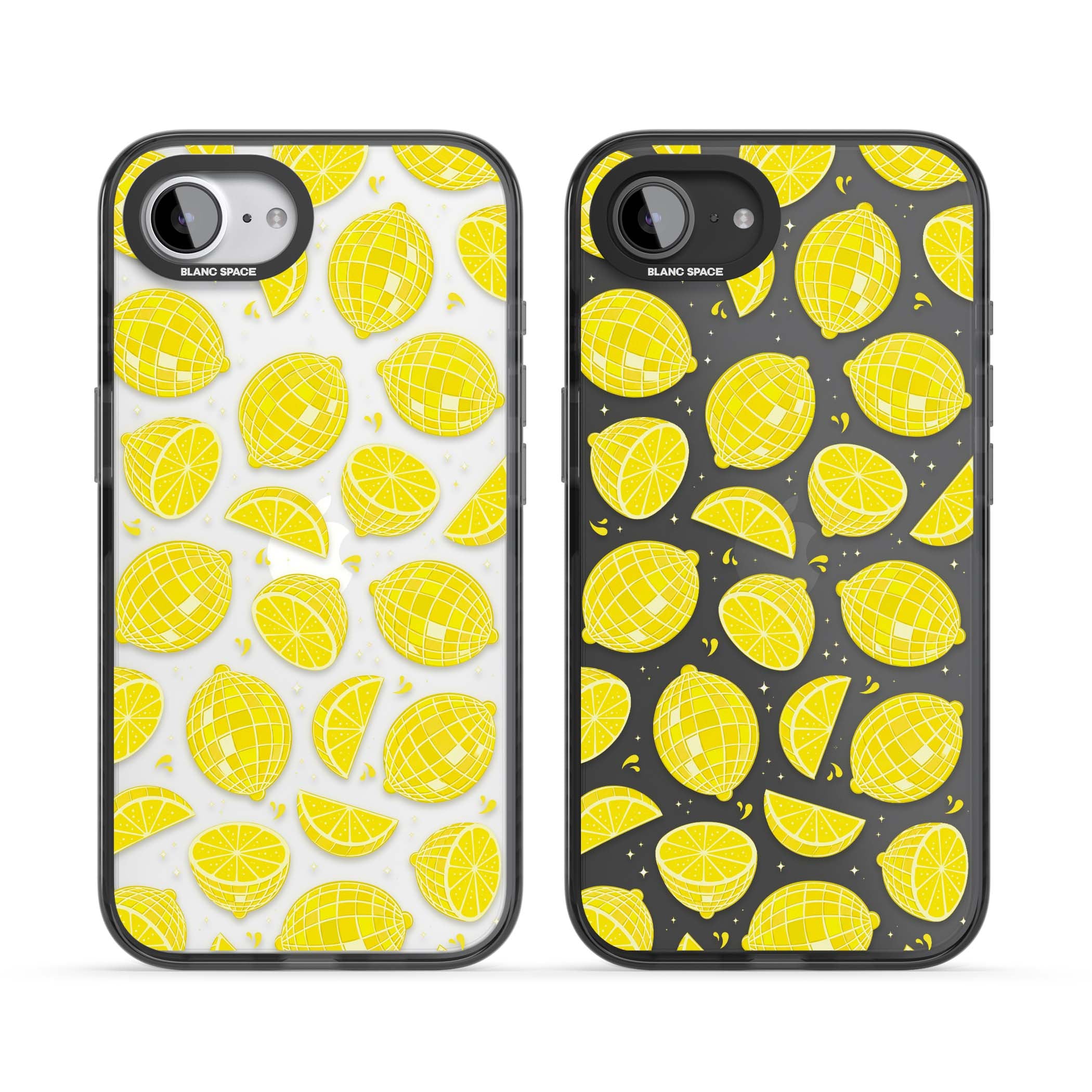 Disco Lemons citrus iPhone case featuring mirrorball lemons, sliced fruit and sparkle accents | Black Impact case for iPhone 16e, iPhone 17e