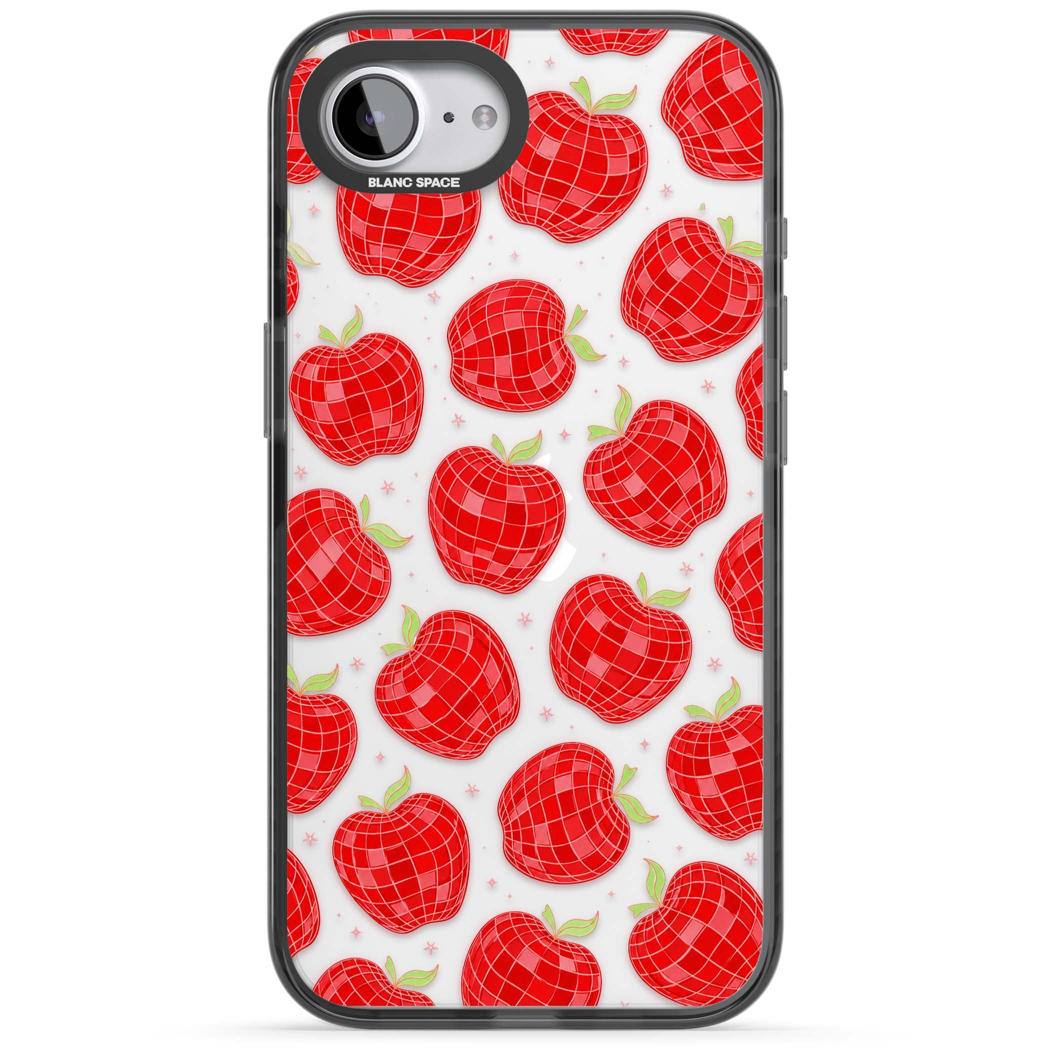 Disco Apples Y2K iPhone case featuring red disco ball apples, green leaves and pink sparkles on clear | Black Impact case for iPhone 16e, iPhone 17e