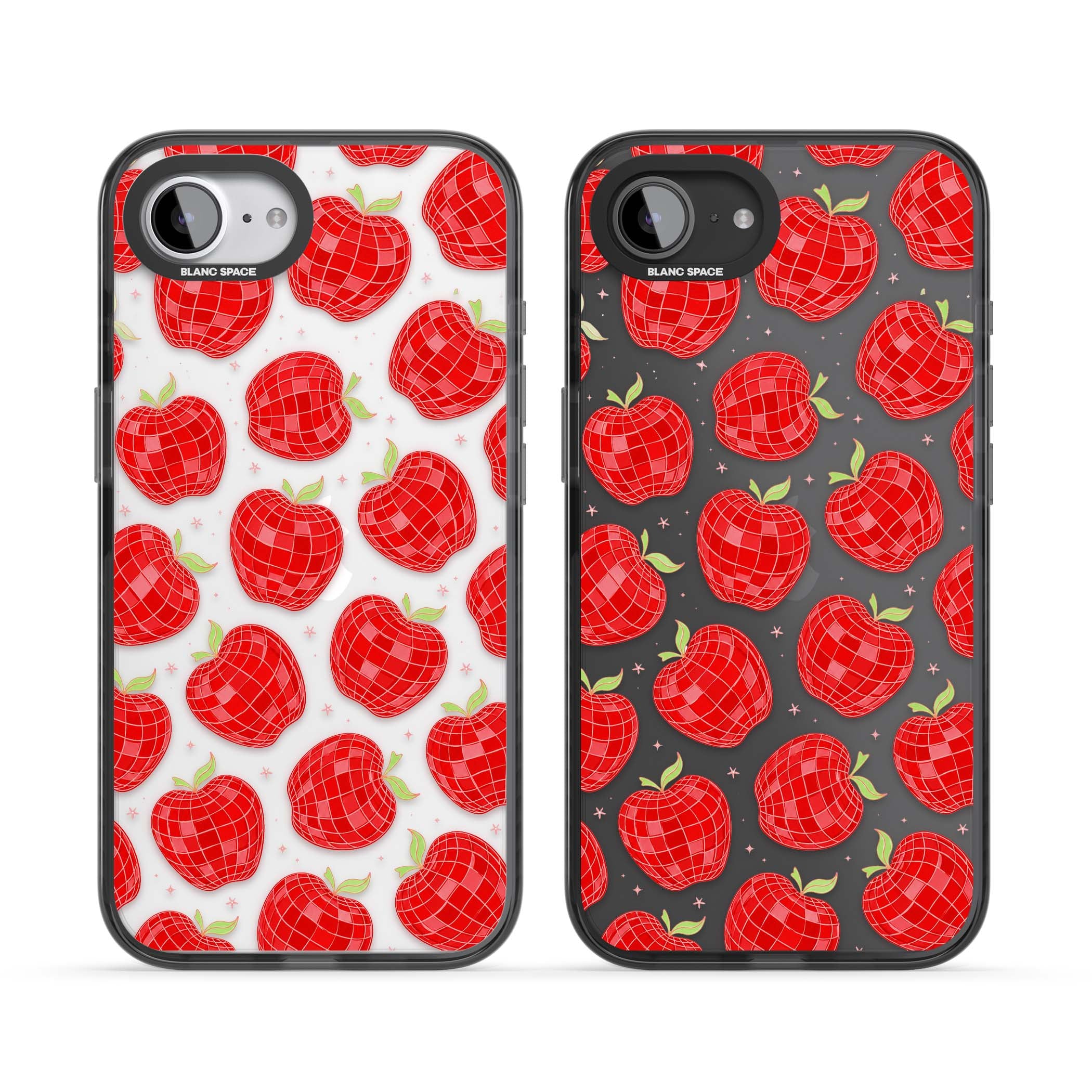 Disco Apples Y2K iPhone case featuring red disco ball apples, green leaves and pink sparkles on clear | Black Impact case for iPhone 16e, iPhone 17e
