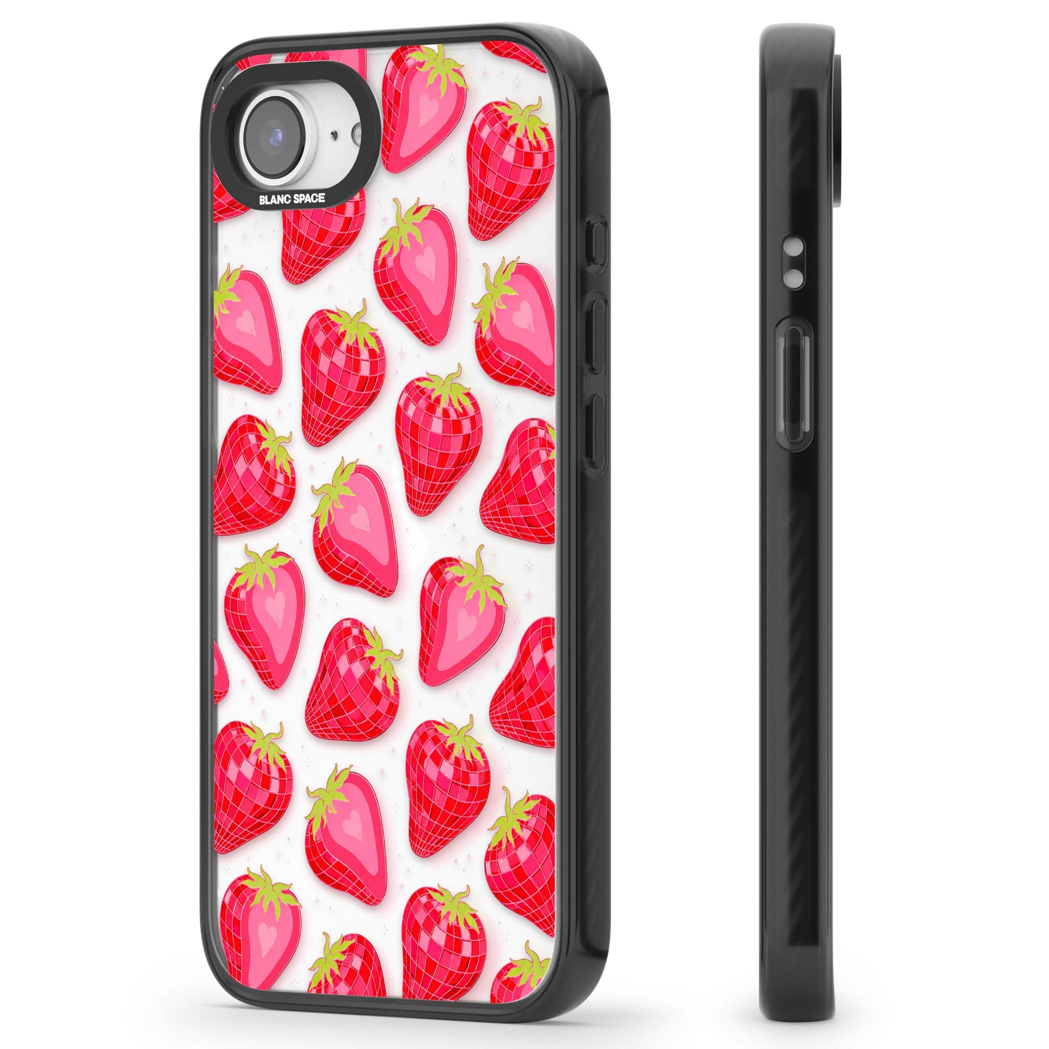 Disco Strawberry Y2K iPhone case featuring pink disco-ball strawberries, green leaves and tiny sparkles | Black Impact case for iPhone 16e, iPhone 17e