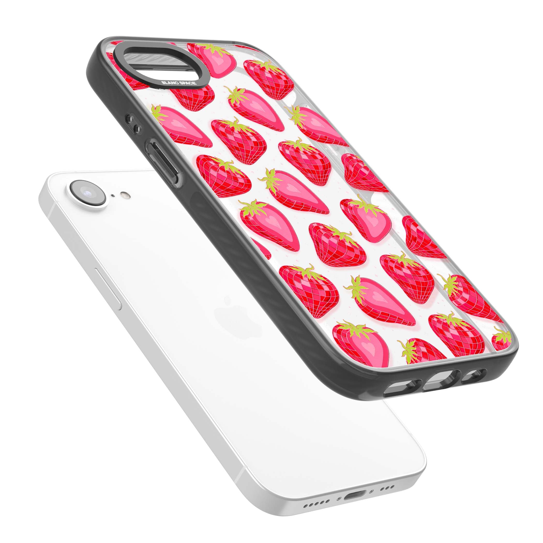 Disco Strawberry Y2K iPhone case featuring pink disco-ball strawberries, green leaves and tiny sparkles | Black Impact case for iPhone 16e, iPhone 17e