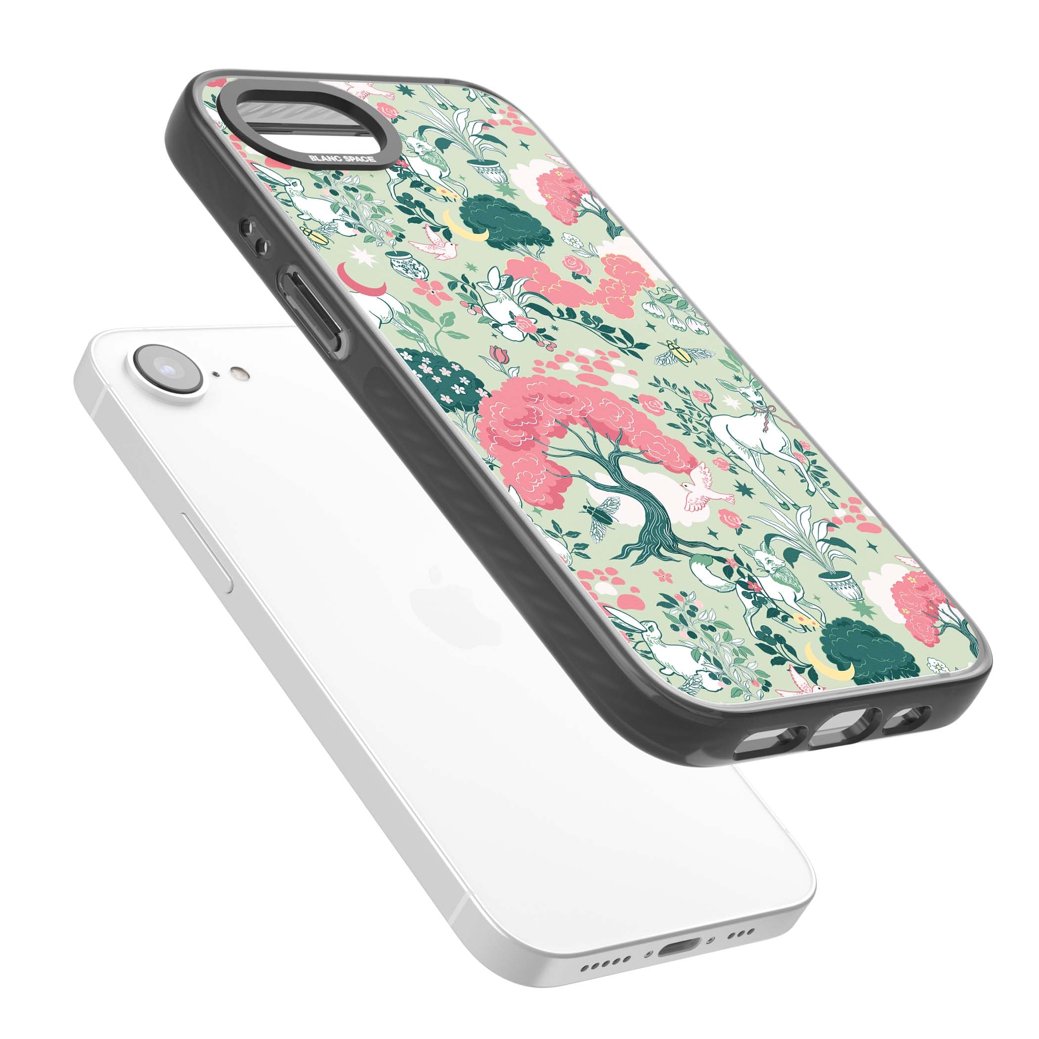Enchanted Woodland cottagecore iPhone case featuring white deer, pink roses, mushrooms and woodland animals on sage green | Black Impact case for iPhone 16e, iPhone 17e