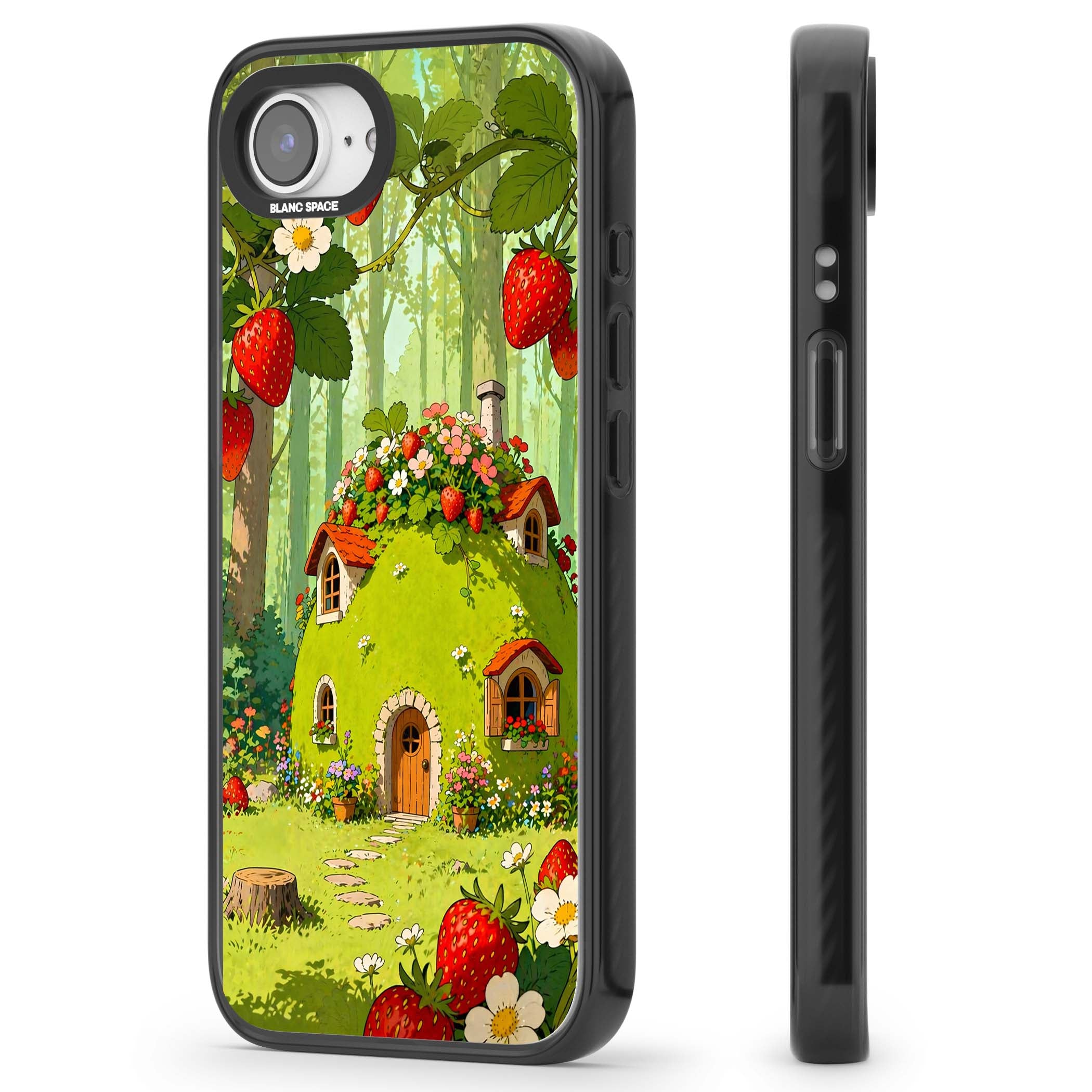 Strawberry Cottage cottagecore iPhone case featuring a green fairy house, wild strawberries and enchanted forest flowers | Black Impact case for iPhone 16e, iPhone 17e