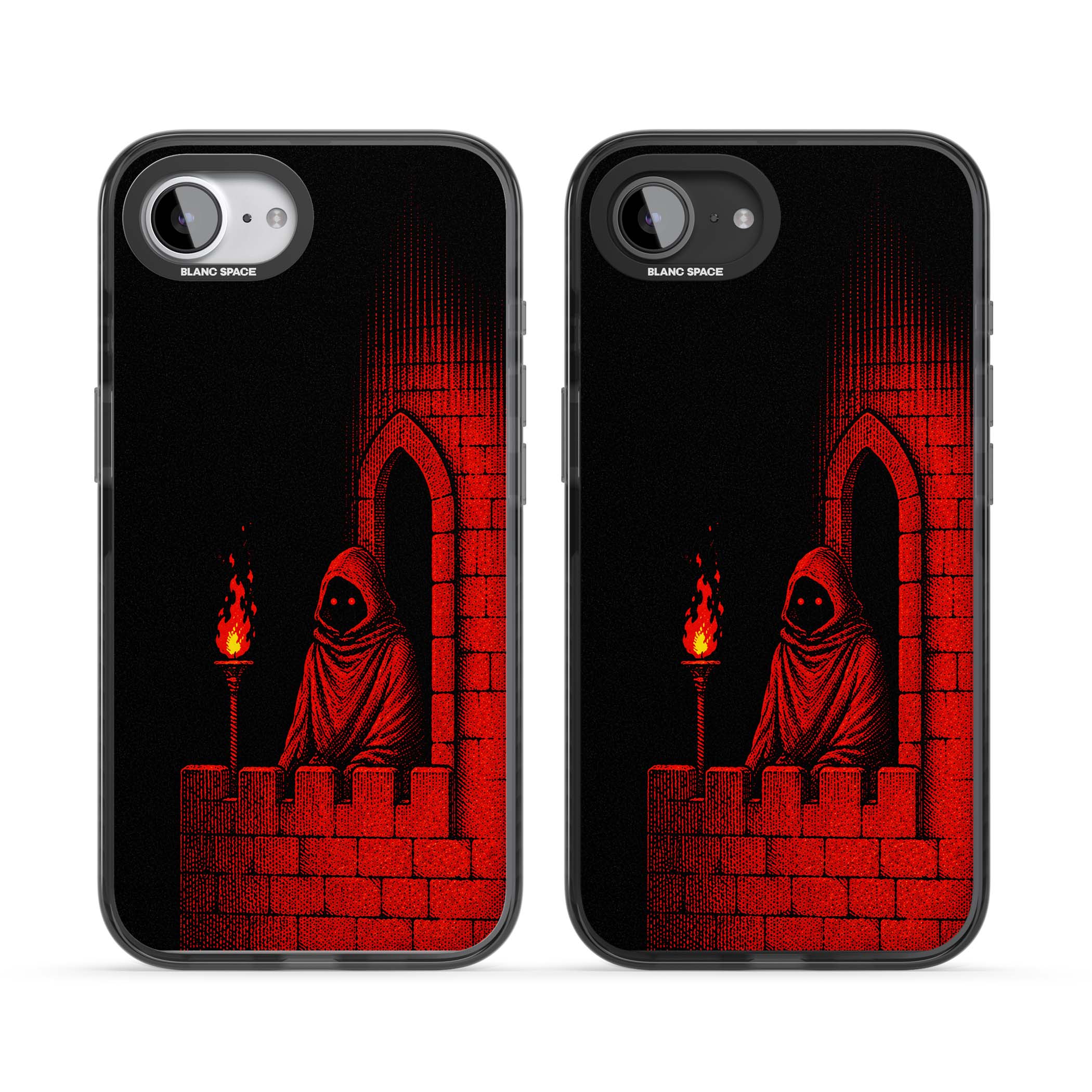 Crimson Crypt gothic iPhone case featuring a hooded reaper, torchlit crypt archway and red halftone horror art | Black Impact case for iPhone 16e, iPhone 17e