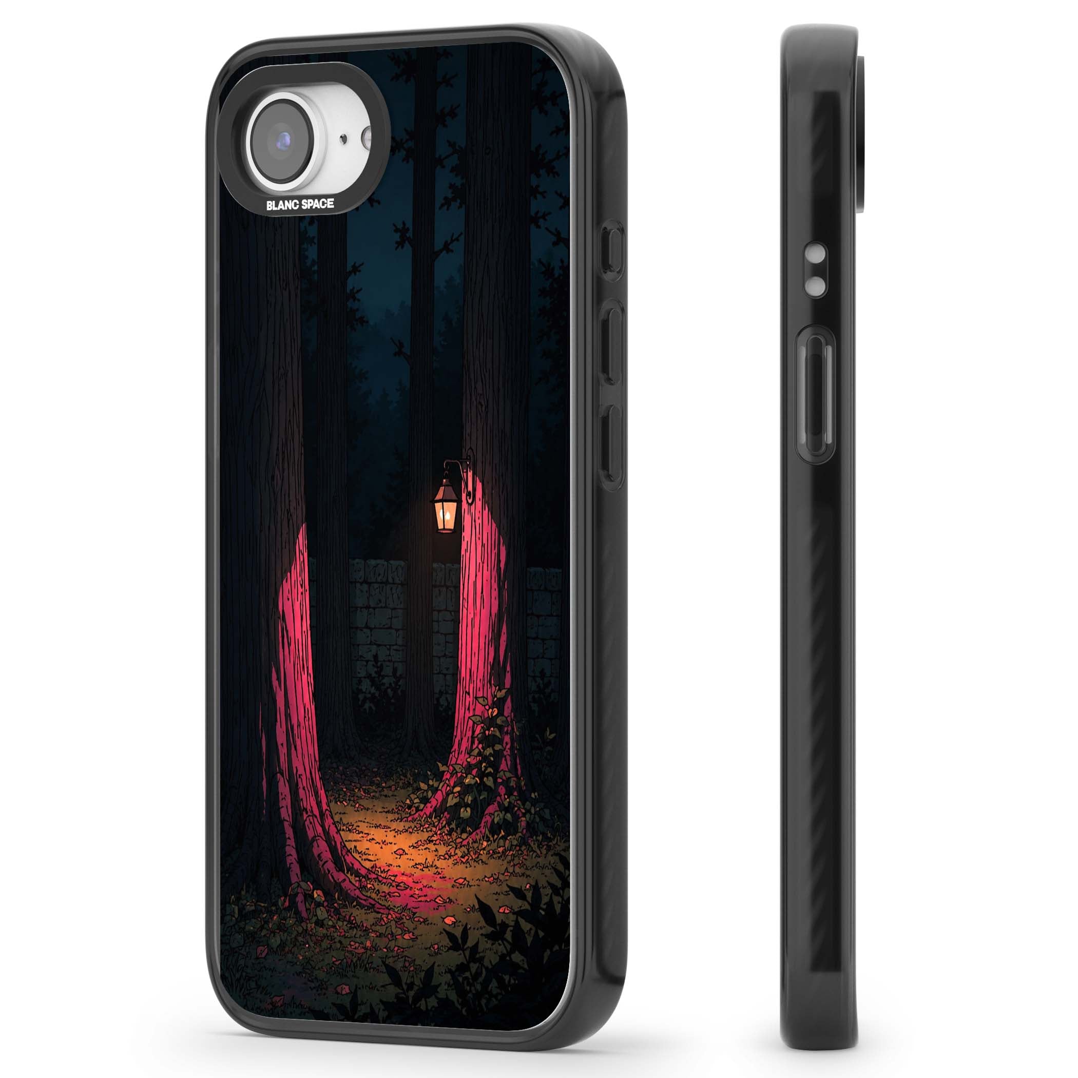 Forest Lantern dark academia iPhone case featuring a moonlit forest, glowing lantern, and stone wall pathway | Black Impact case for iPhone 16e, iPhone 17e