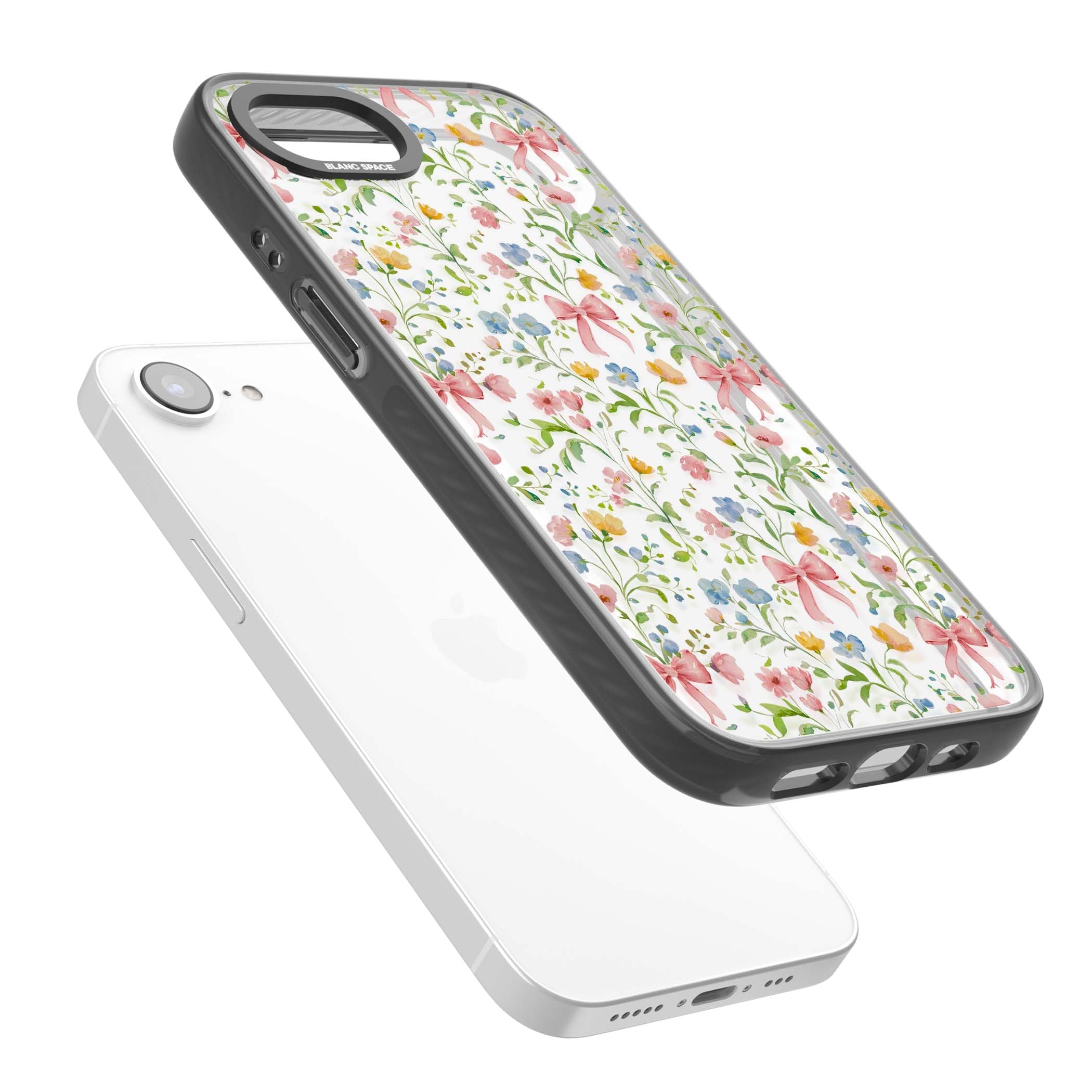 Ribbons & Wildflowers cottagecore iPhone case featuring watercolor wildflowers, pink satin bows, and delicate spring blooms o | Black Impact case for iPhone 16e, iPhone 17e