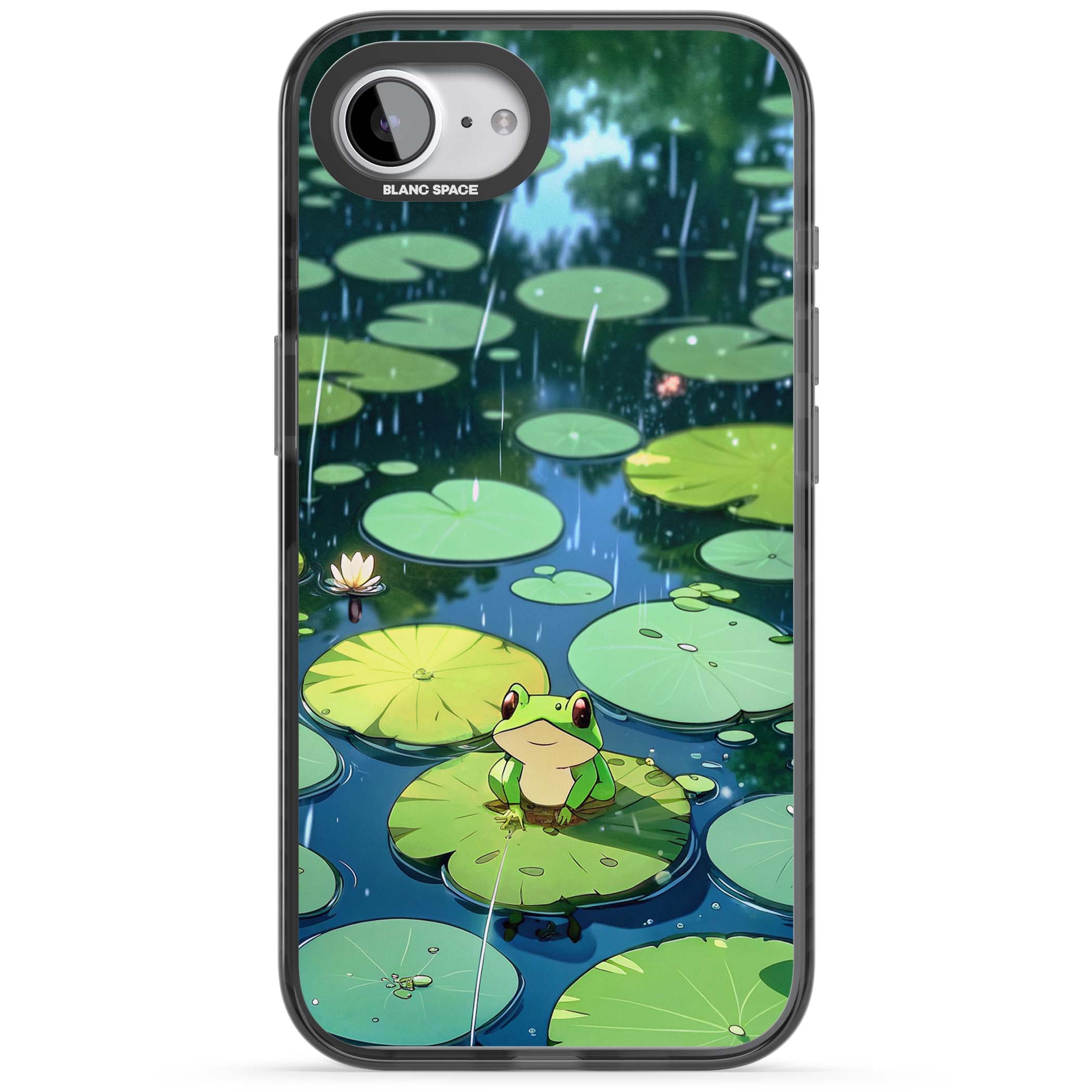 Frog In Lily Pond cottagecore iPhone case featuring a cute green frog on a lily pad with falling rain and a lotus flower | Black Impact case for iPhone 16e, iPhone 17e