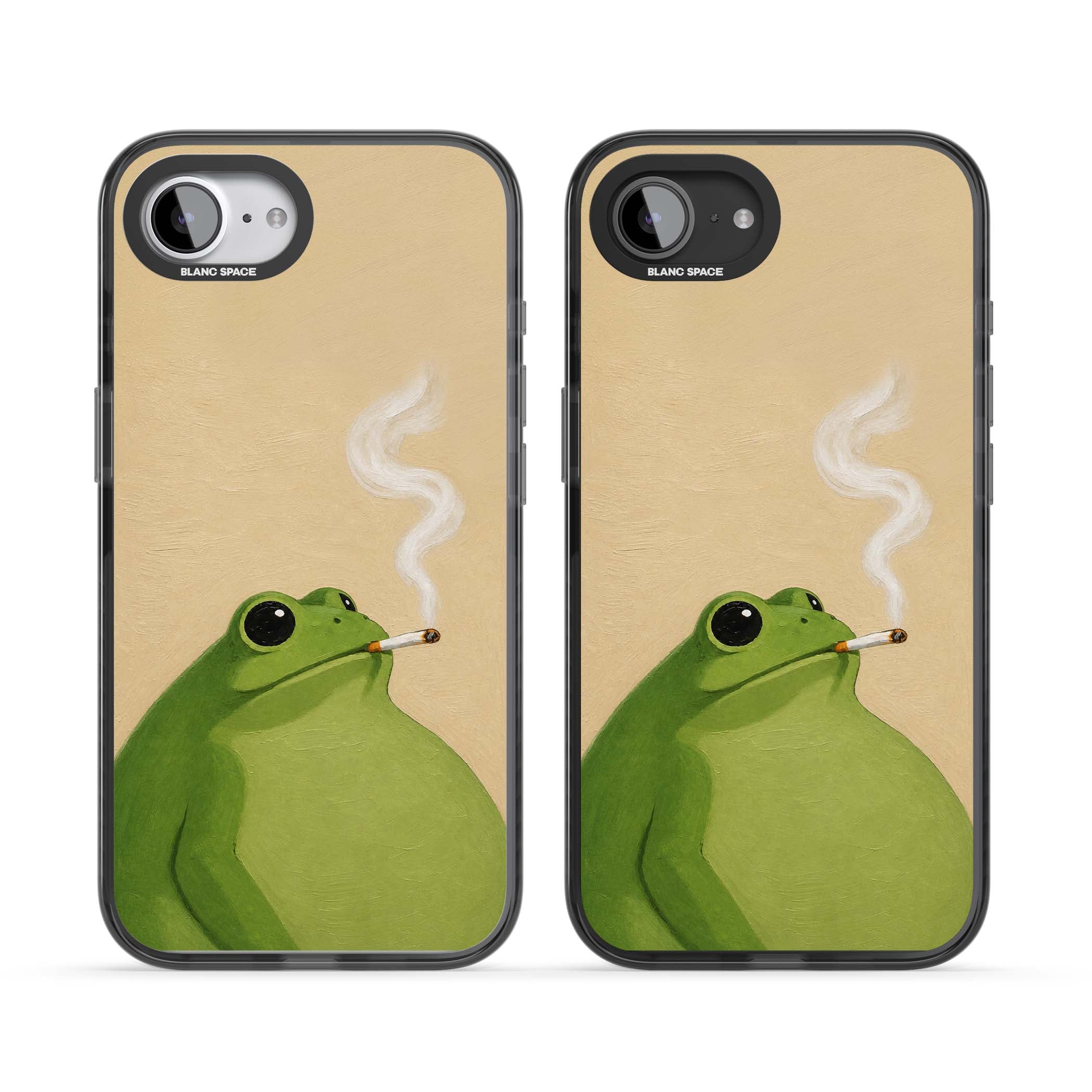 The Smoking Frog cottagecore iPhone case featuring a hand-painted green frog smoking a cigarette on a cream oil painting back | Black Impact case for iPhone 16e, iPhone 17e