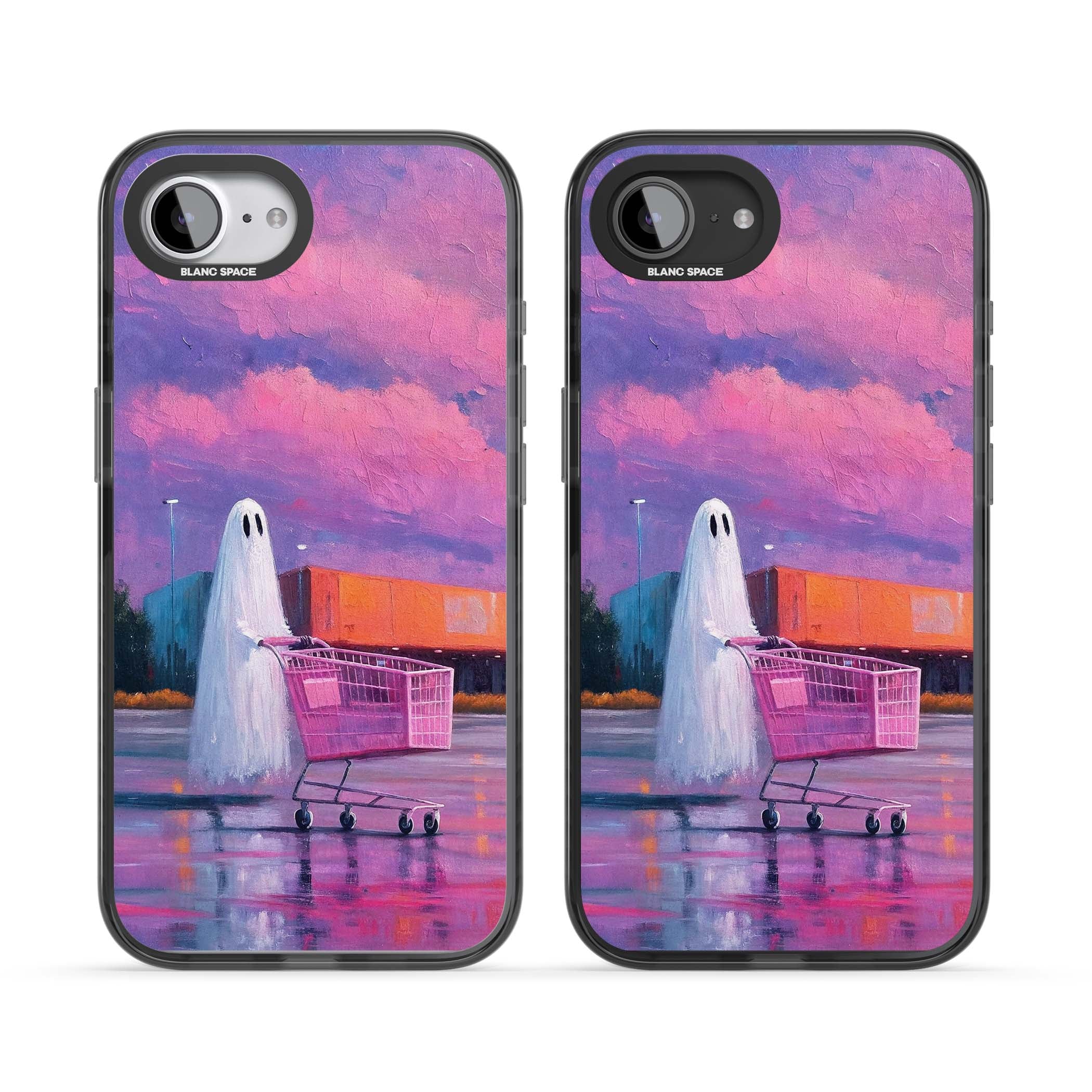 A Ghost's Errand ghost halloween iPhone case featuring a painted ghost, pink shopping trolley and purple sunset sky | Black Impact case for iPhone 16e, iPhone 17e