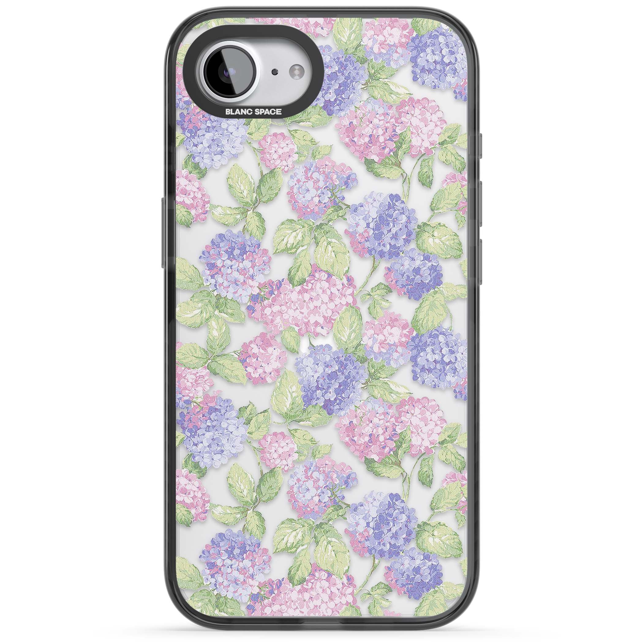 Cottage Hydrangea cottagecore iPhone case featuring pink and purple hydrangea blooms with green leaves on a clear background | Black Impact case for iPhone 16e, iPhone 17e