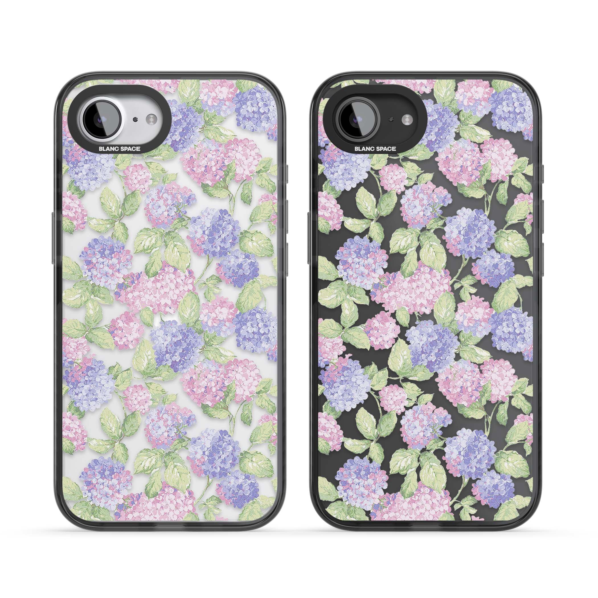 Cottage Hydrangea cottagecore iPhone case featuring pink and purple hydrangea blooms with green leaves on a clear background | Black Impact case for iPhone 16e, iPhone 17e