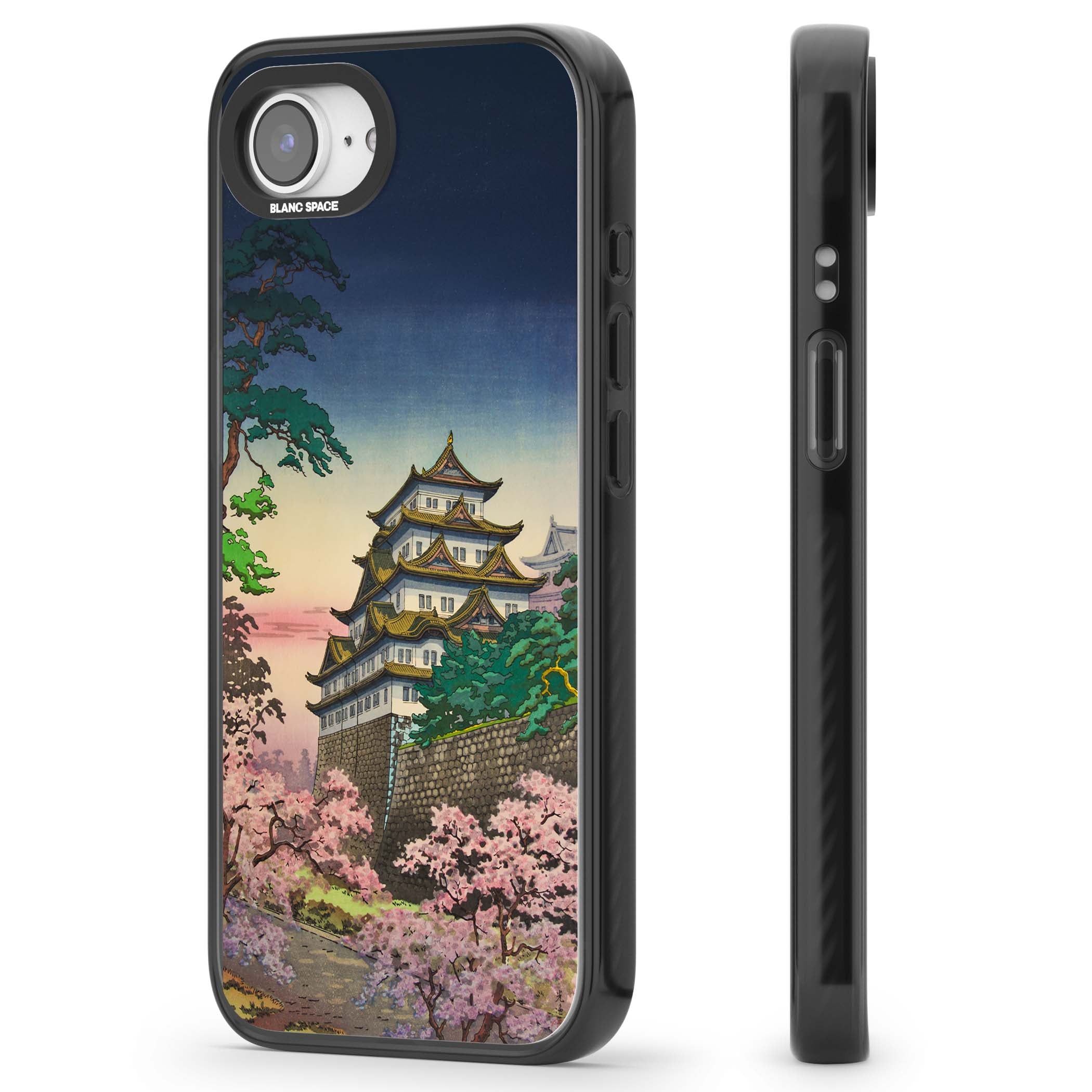 Nagoya Castle Japanese iPhone case featuring a vintage pagoda, twilight sky and cherry blossom trees | Black Impact case for iPhone 16e, iPhone 17e