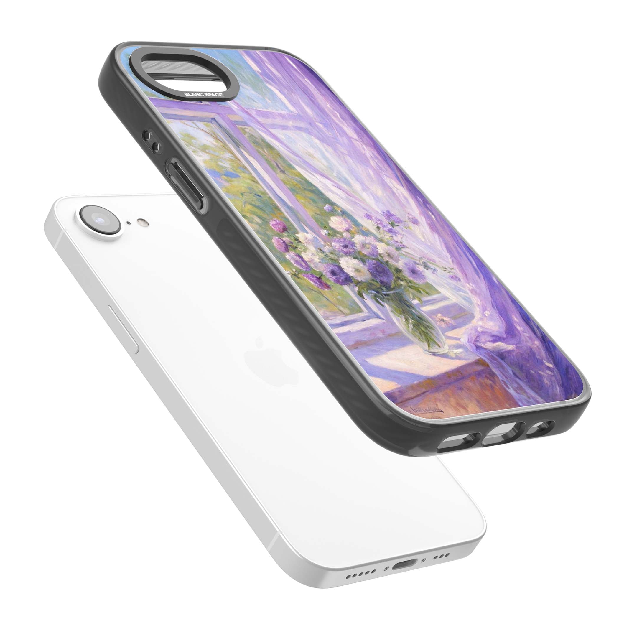 A Provence Morning impressionist art iPhone case featuring a vase of purple flowers, sunlit window and sheer curt | Black Impact case for iPhone 16e, iPhone 17e